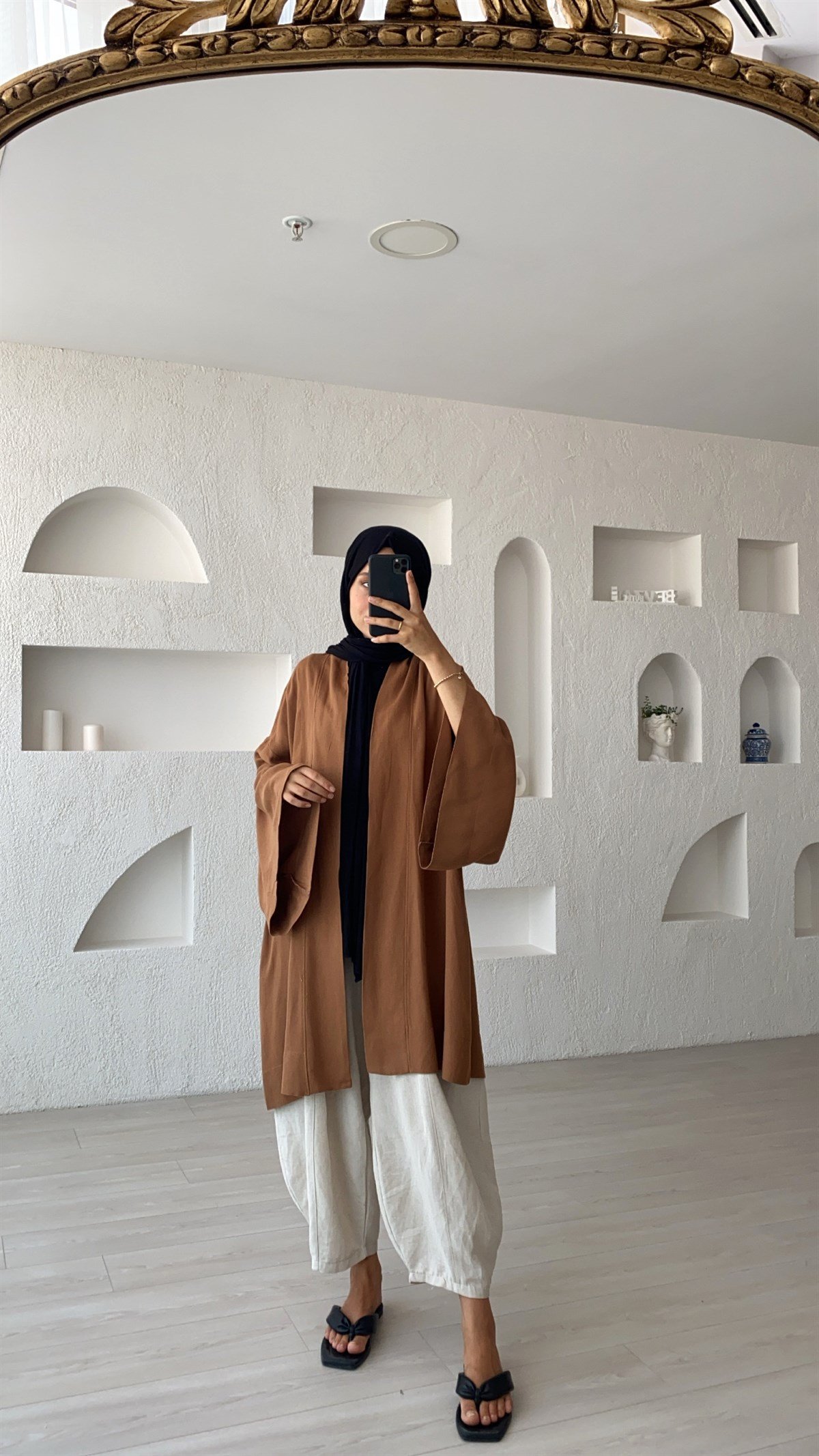 Kahve Kısa Kuşaklı Keten Kimono