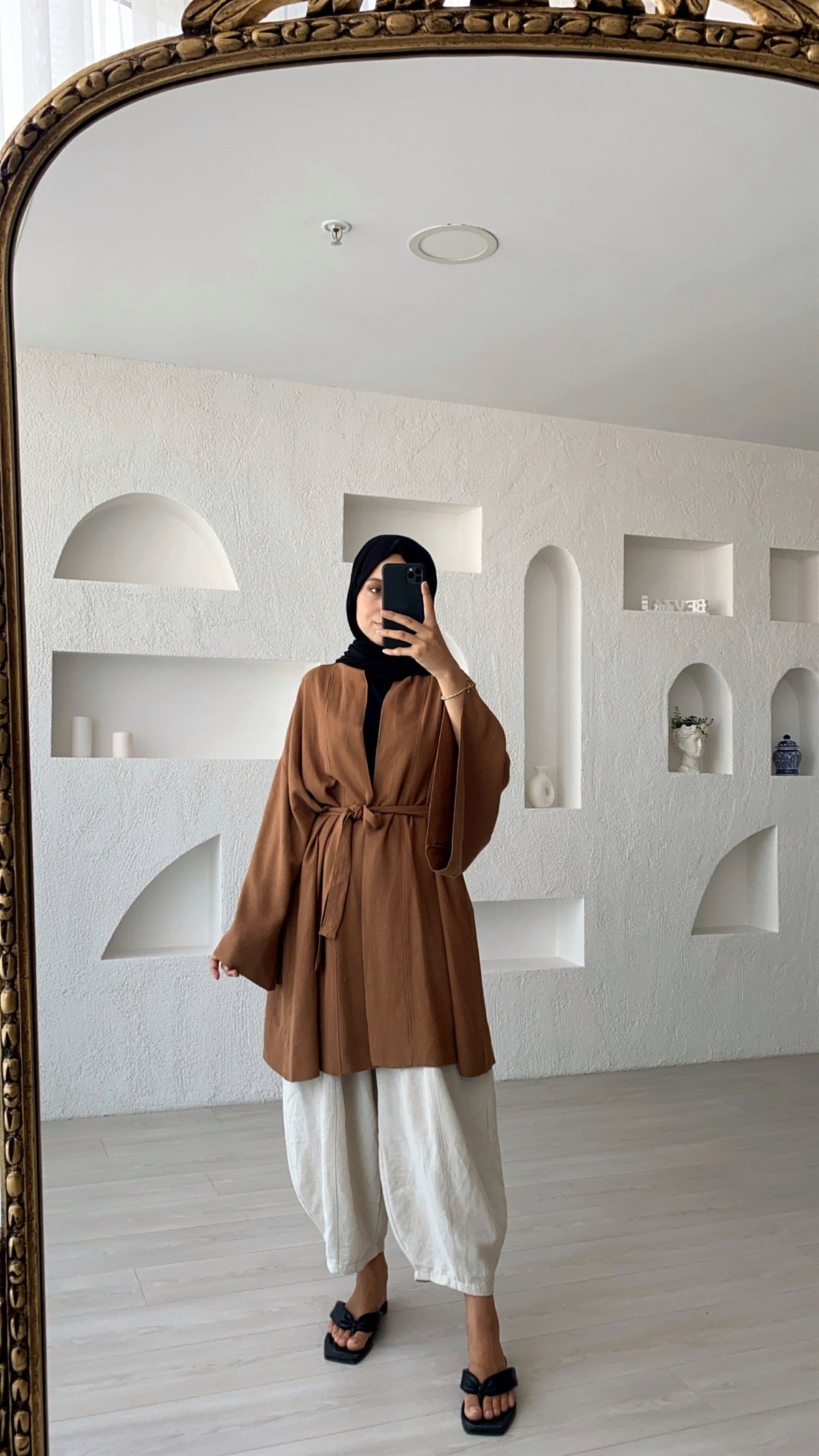 Kahve Kısa Kuşaklı Keten Kimono