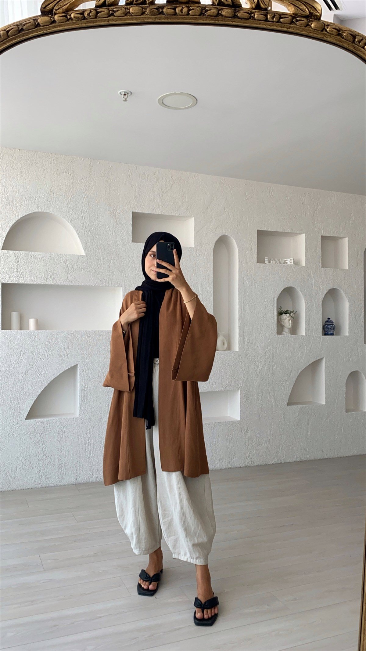 Kahve Kısa Kuşaklı Keten Kimono