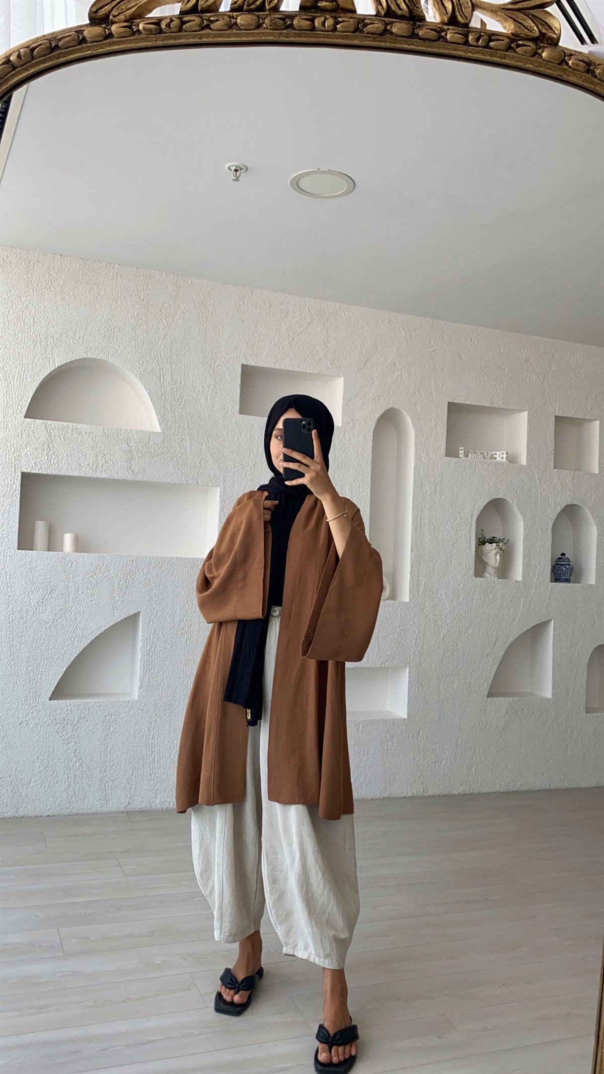 Kahve Kısa Kuşaklı Keten Kimono