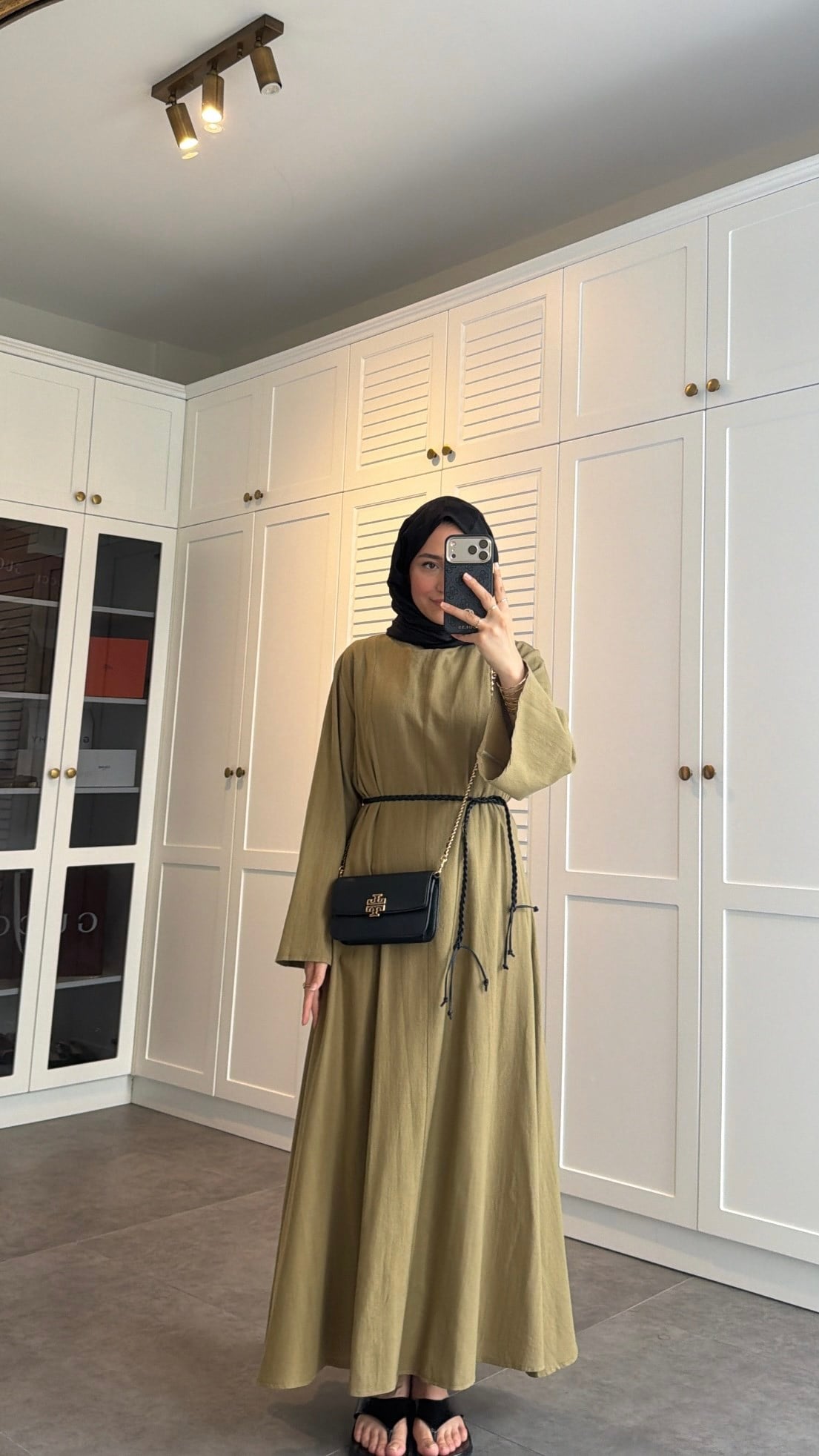 Kemerli Keten Elbise Olive