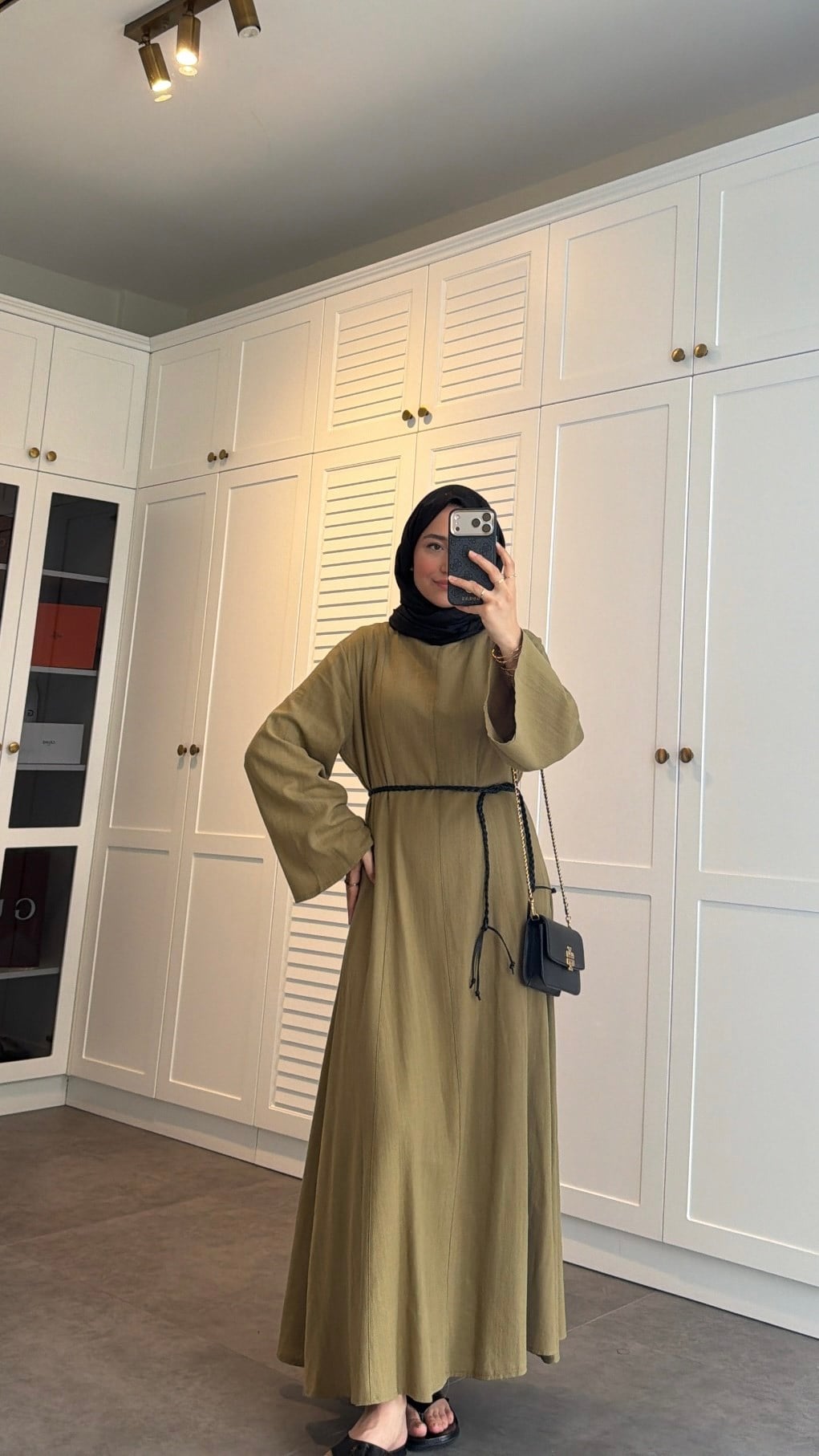 Kemerli Keten Elbise Olive