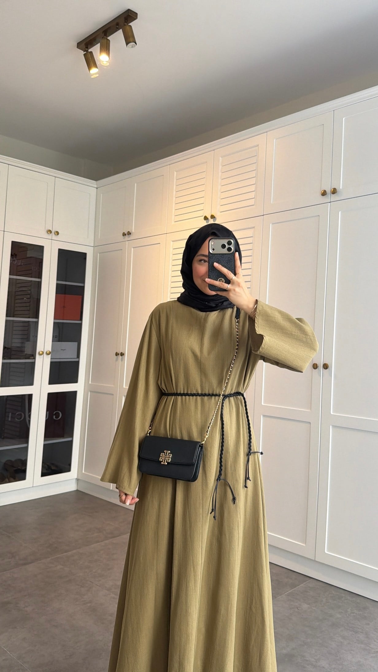 Kemerli Keten Elbise Olive