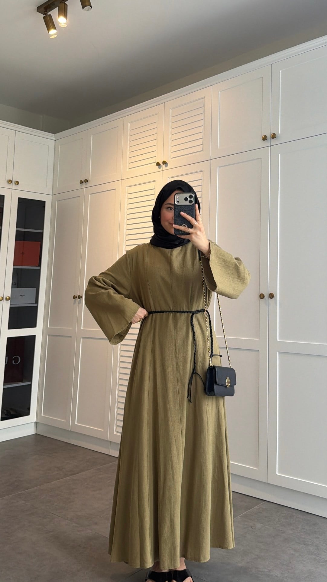 Kemerli Keten Elbise Olive