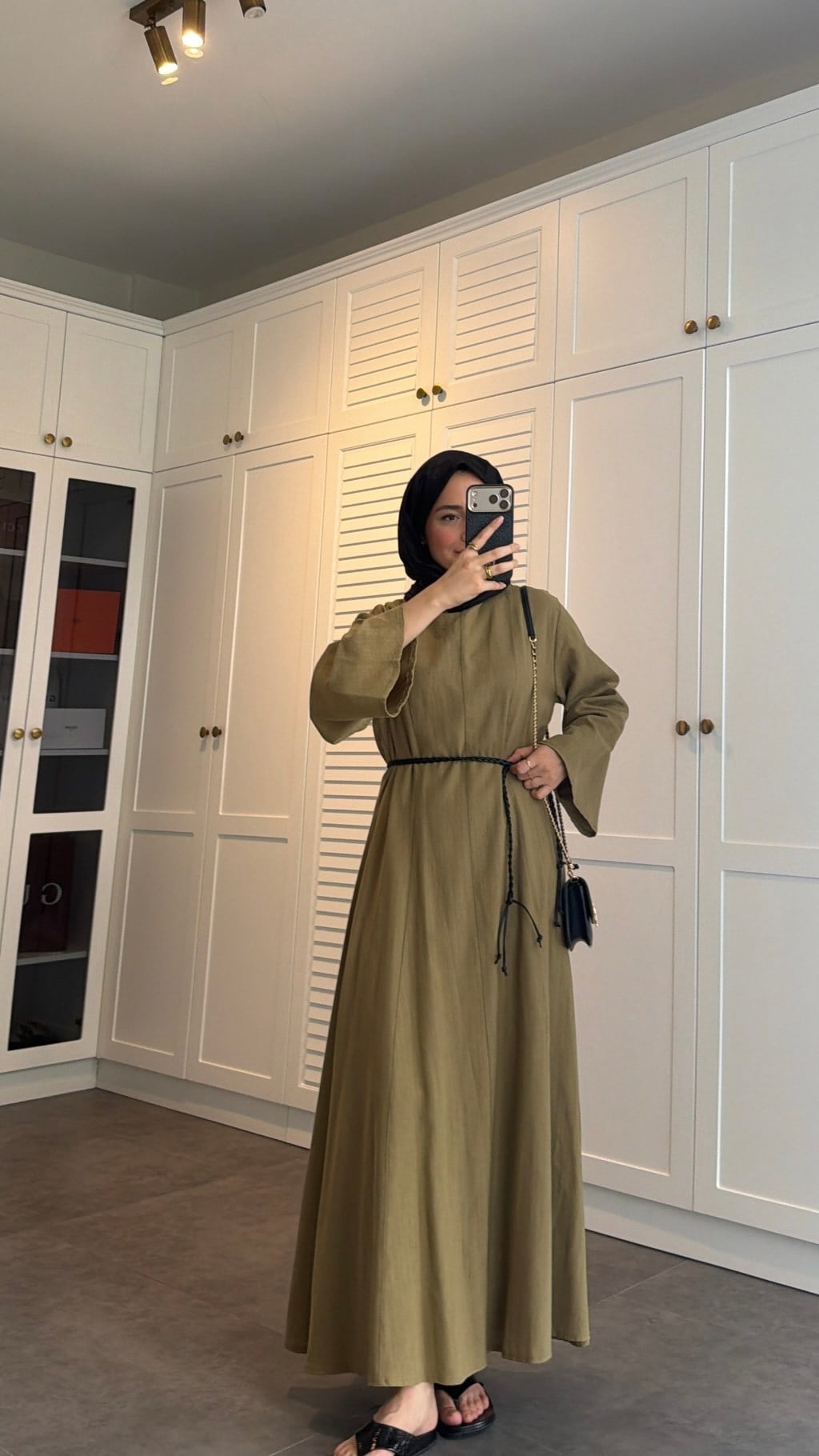 Kemerli Keten Elbise Olive