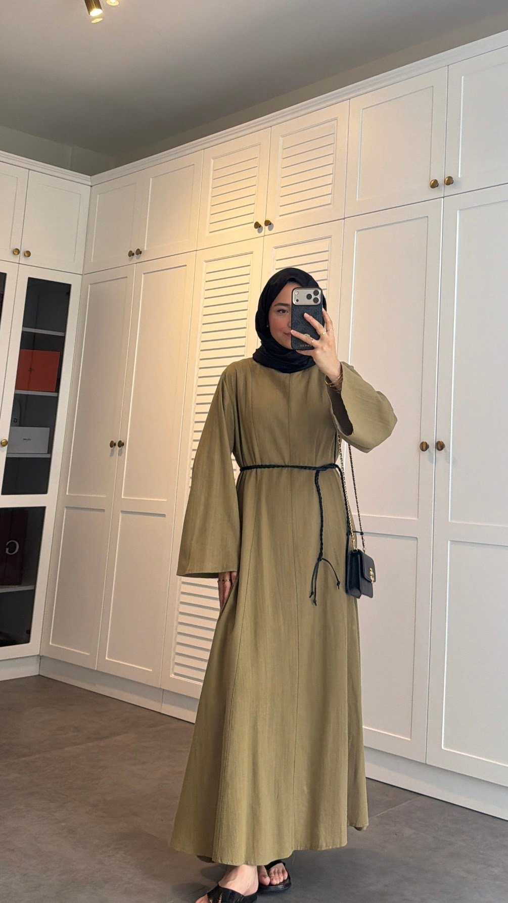Kemerli Keten Elbise Olive