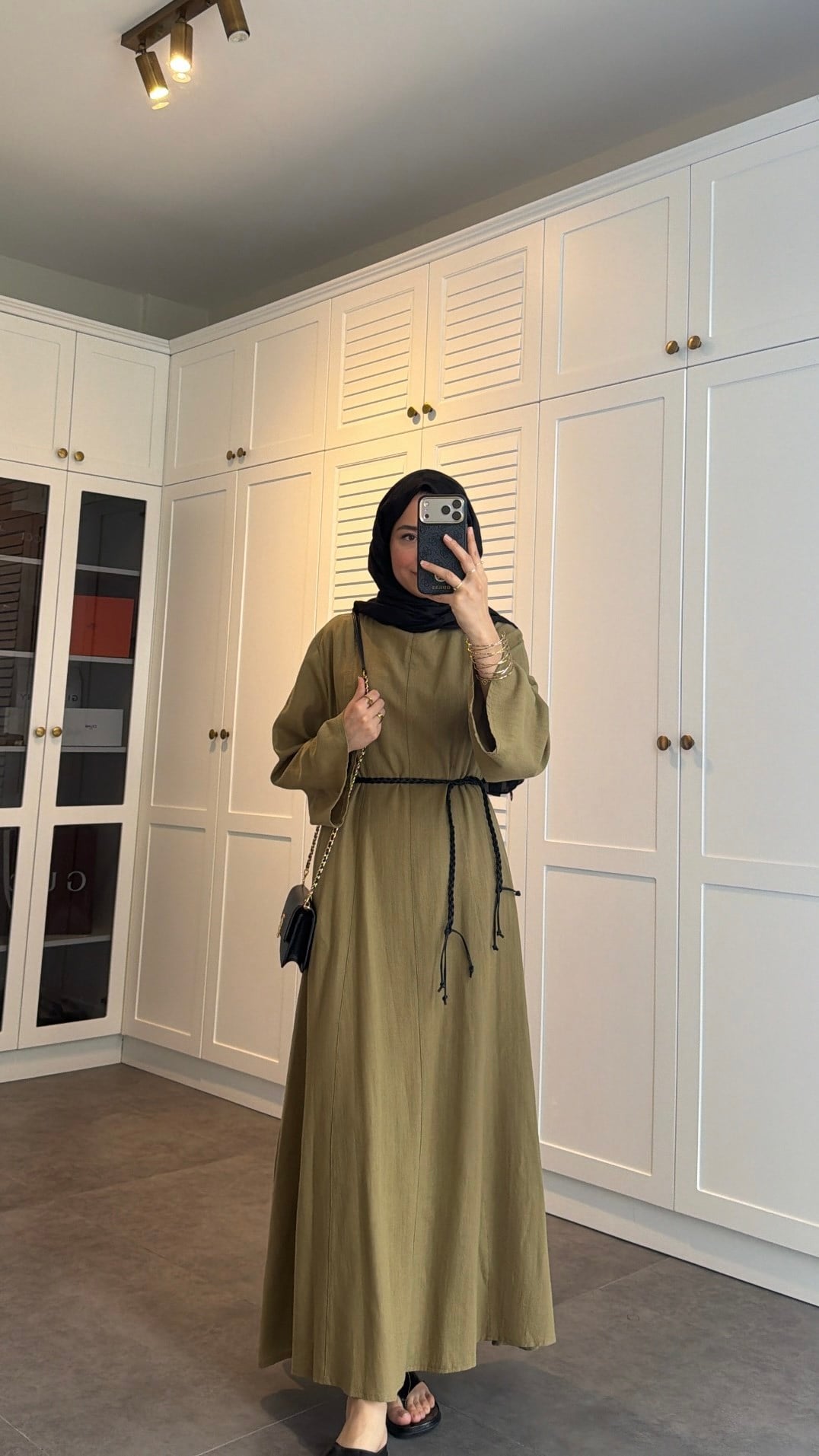 Kemerli Keten Elbise Olive