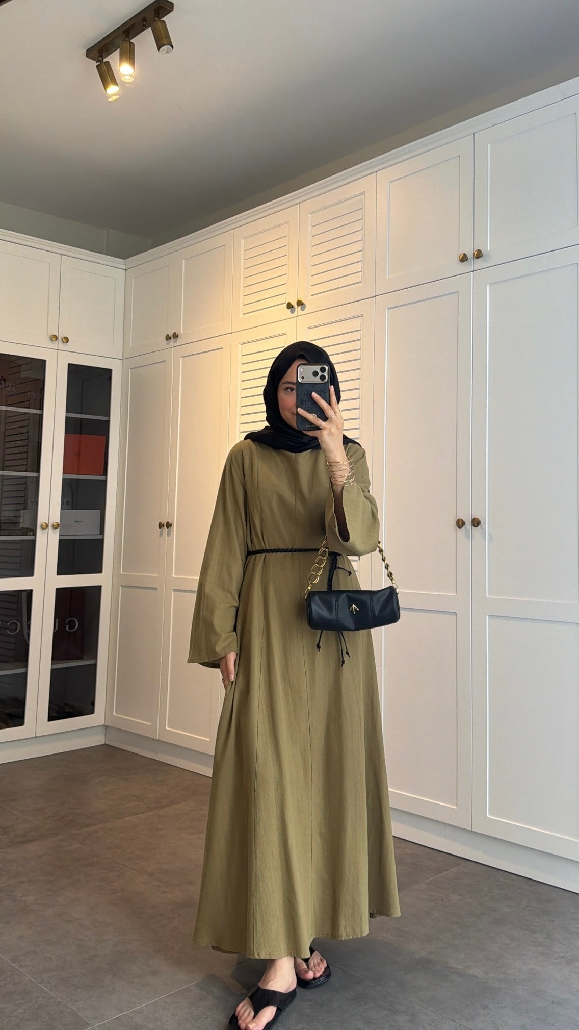 Kemerli Keten Elbise Olive