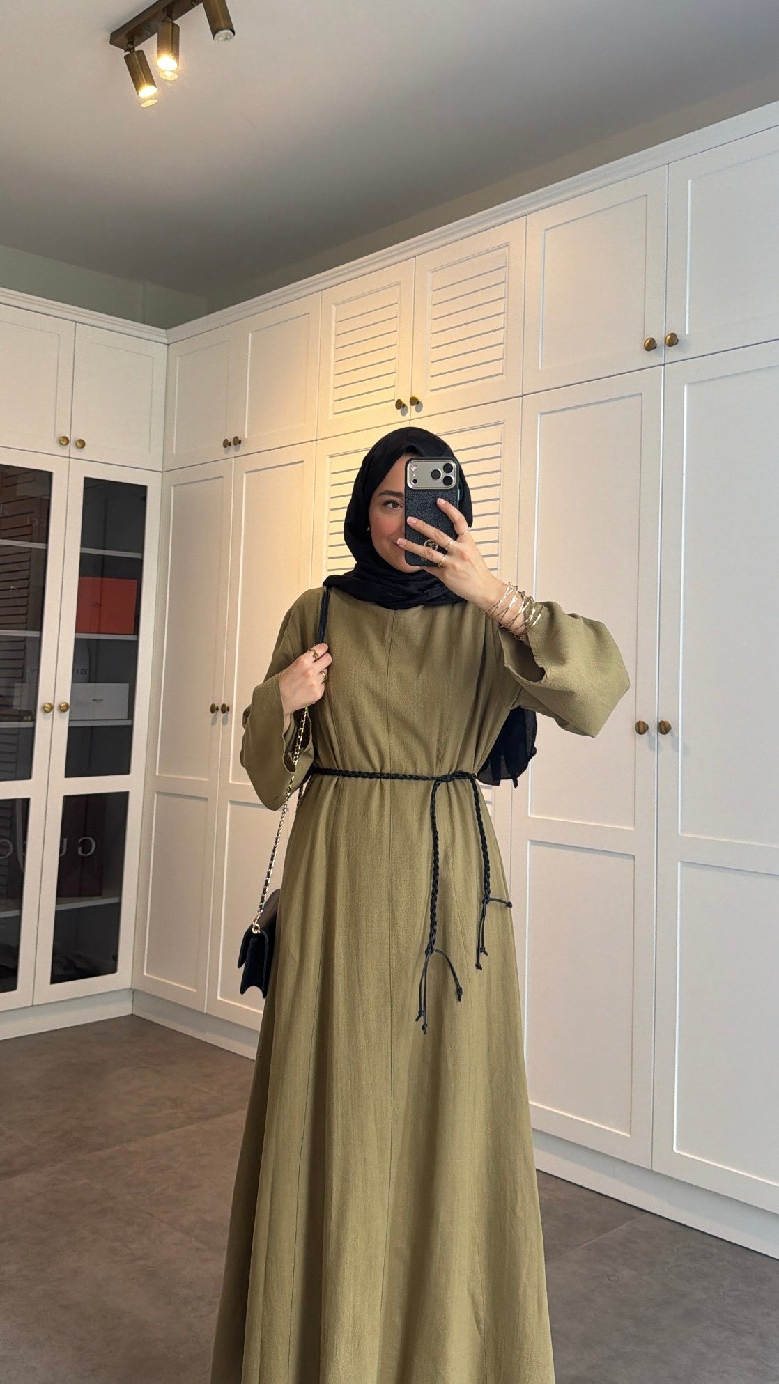 Kemerli Keten Elbise Olive
