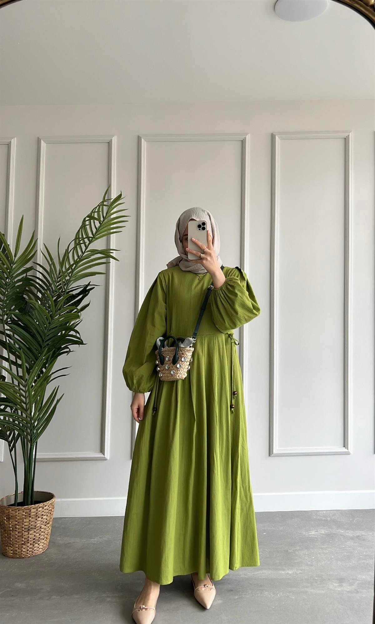 Keten Elbise - Olive