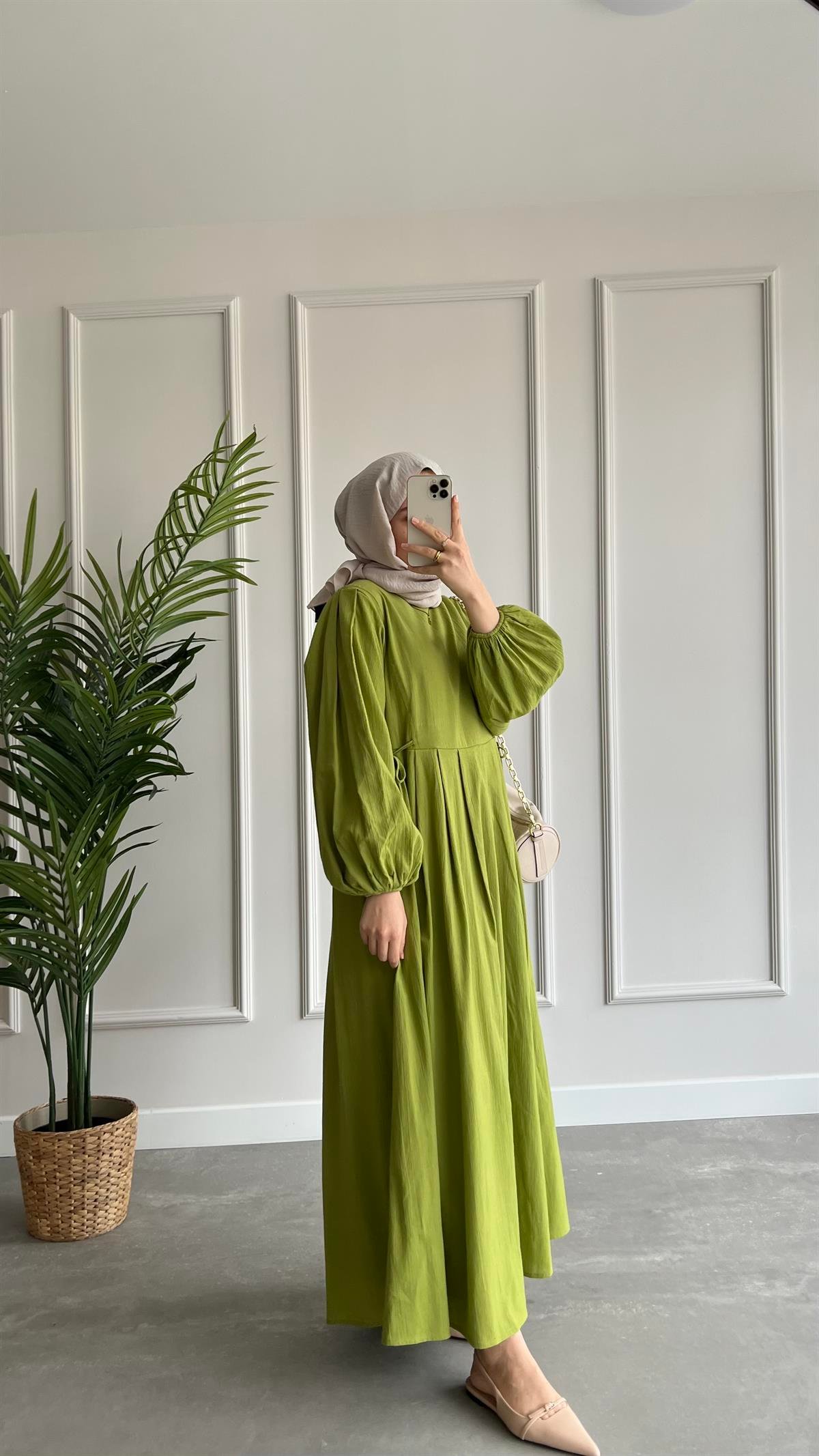 Keten Elbise - Olive