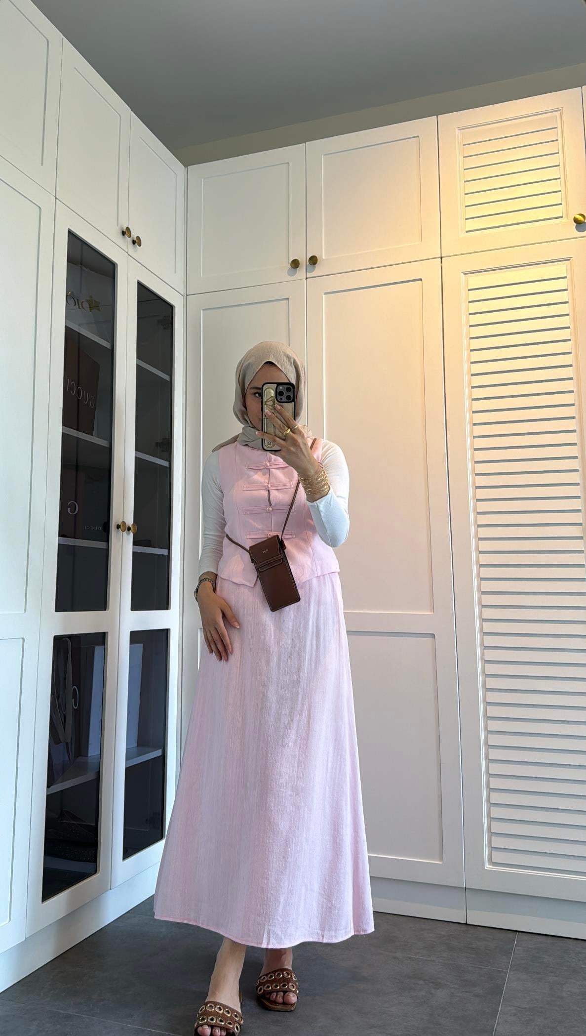 Keten Yelekli Takım Pembe 