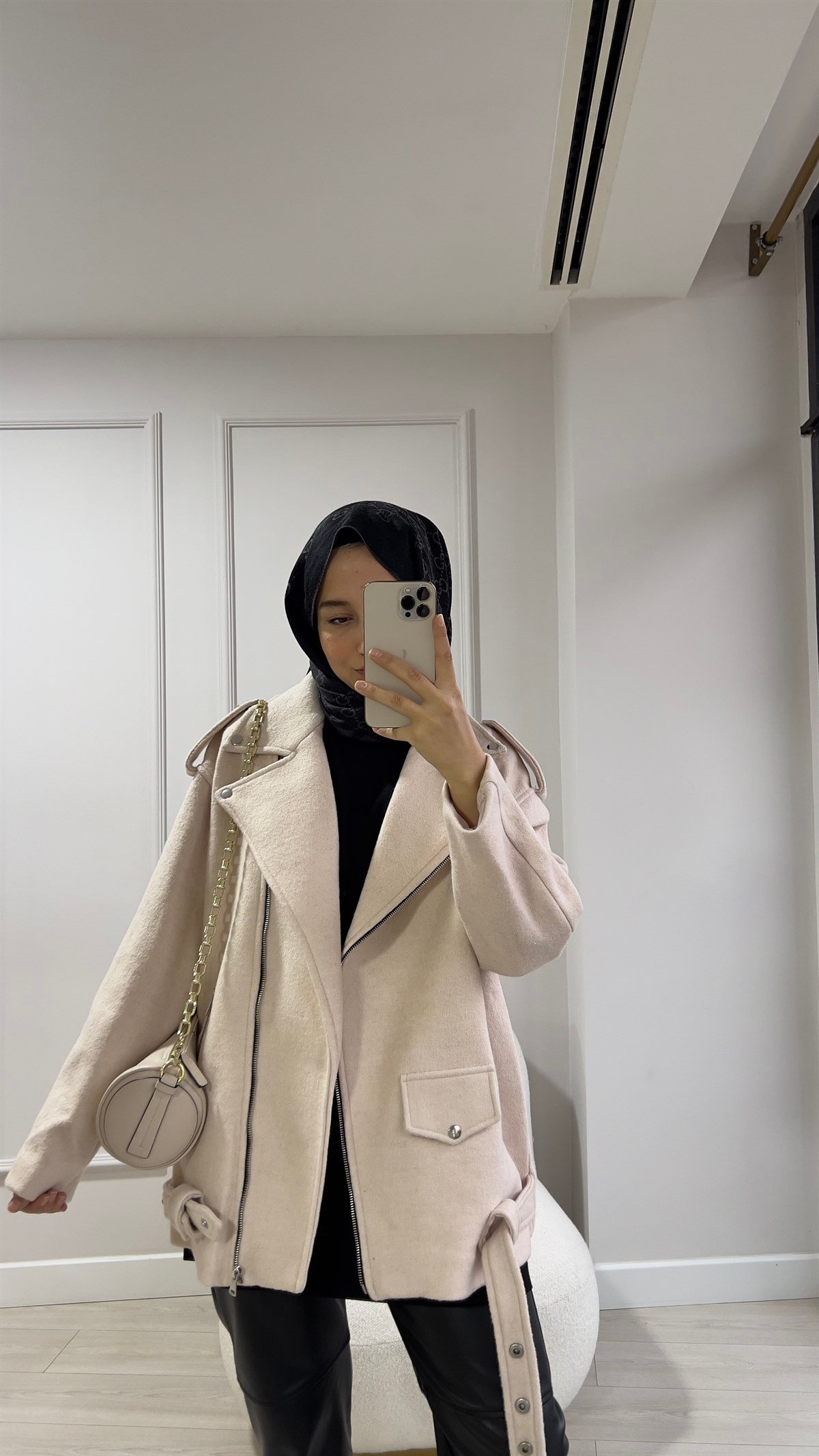 Krem Kaşe Biker Mont