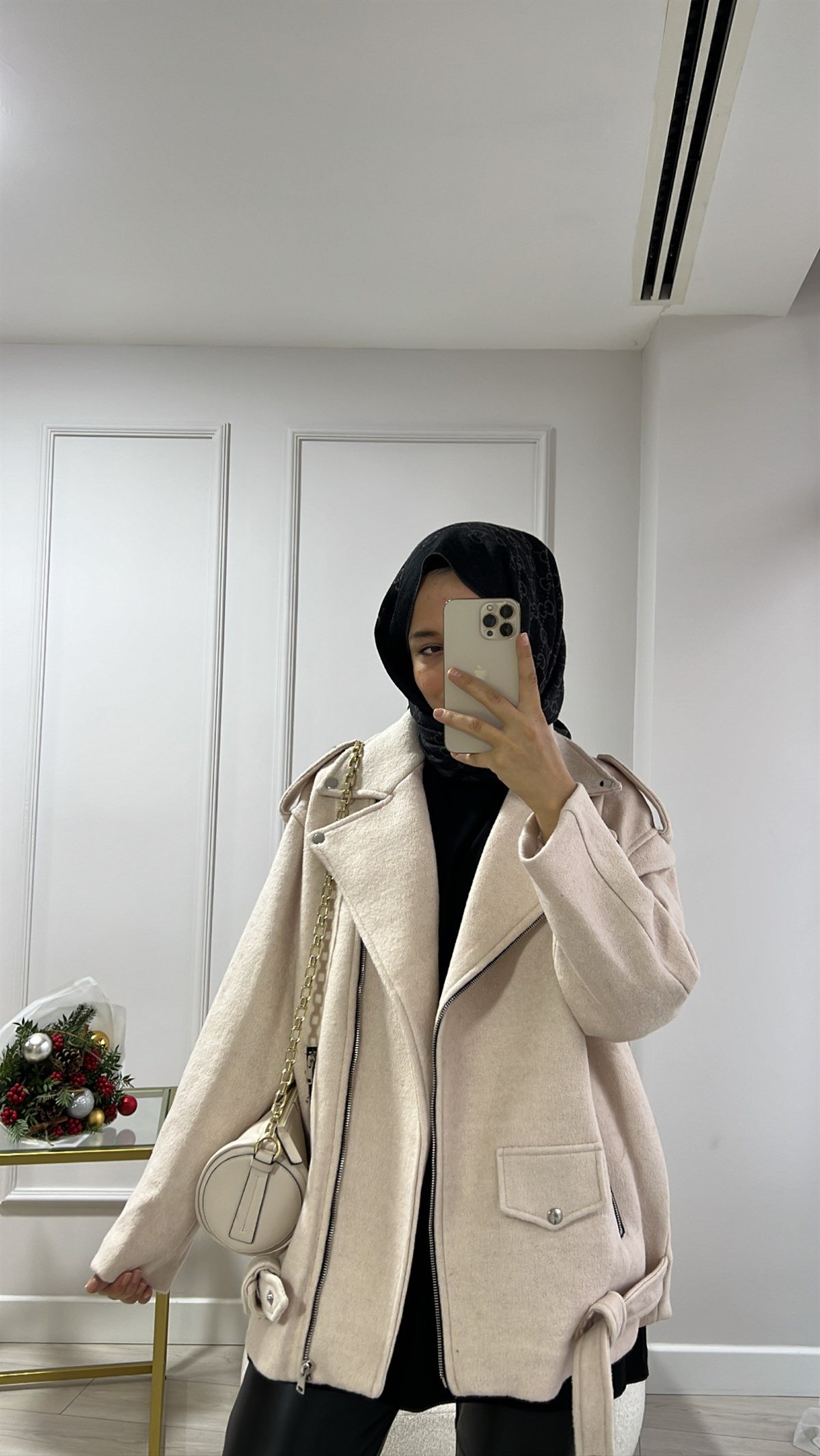 Krem Kaşe Biker Mont