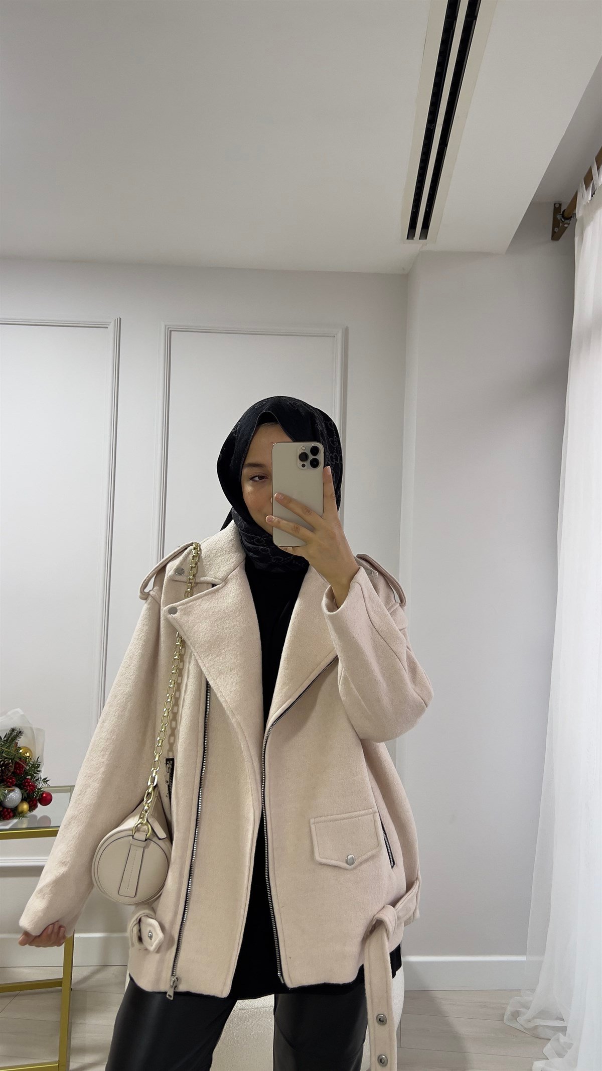 Krem Kaşe Biker Mont
