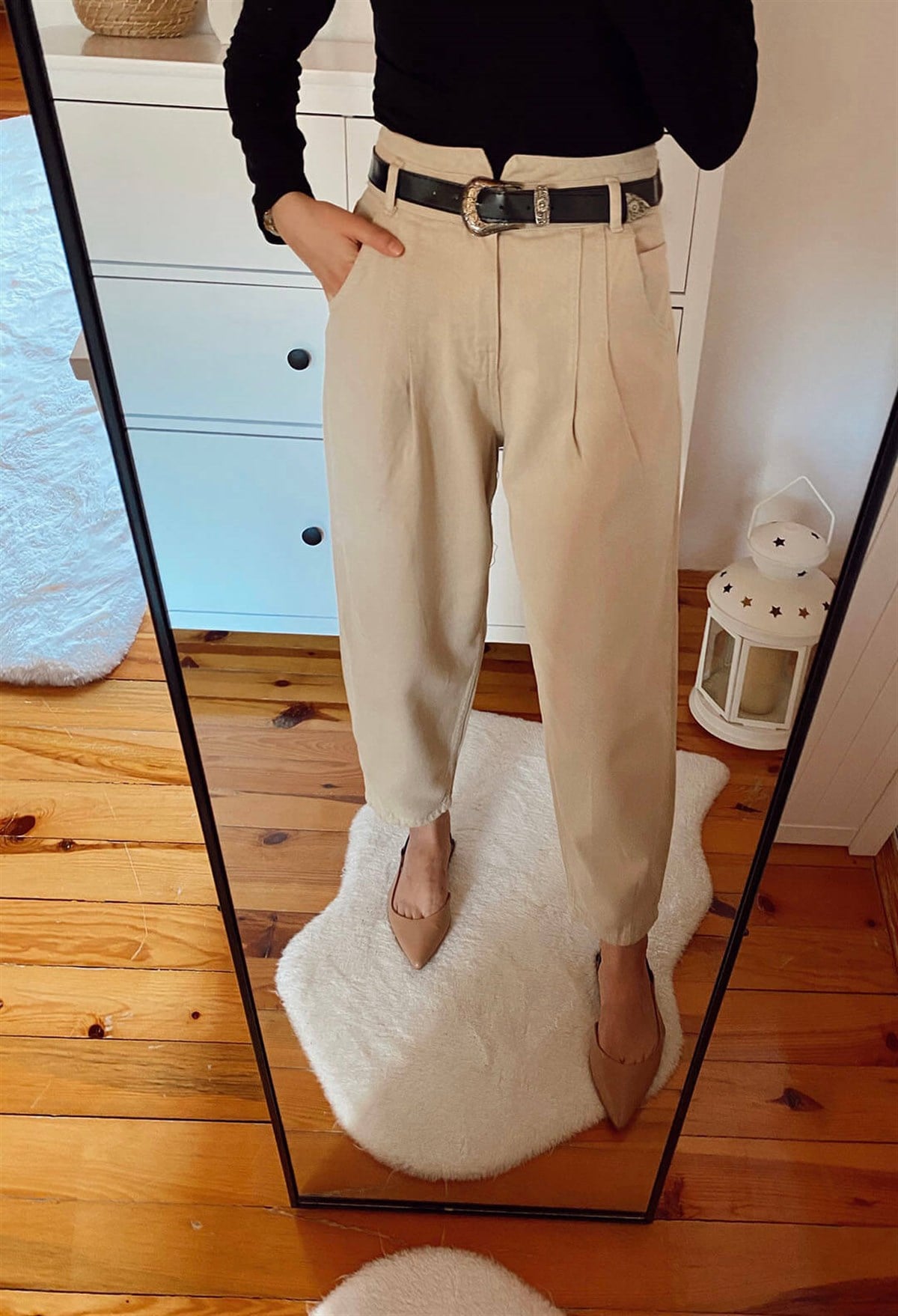 Krem Yüksek Bel Slouchy Jean