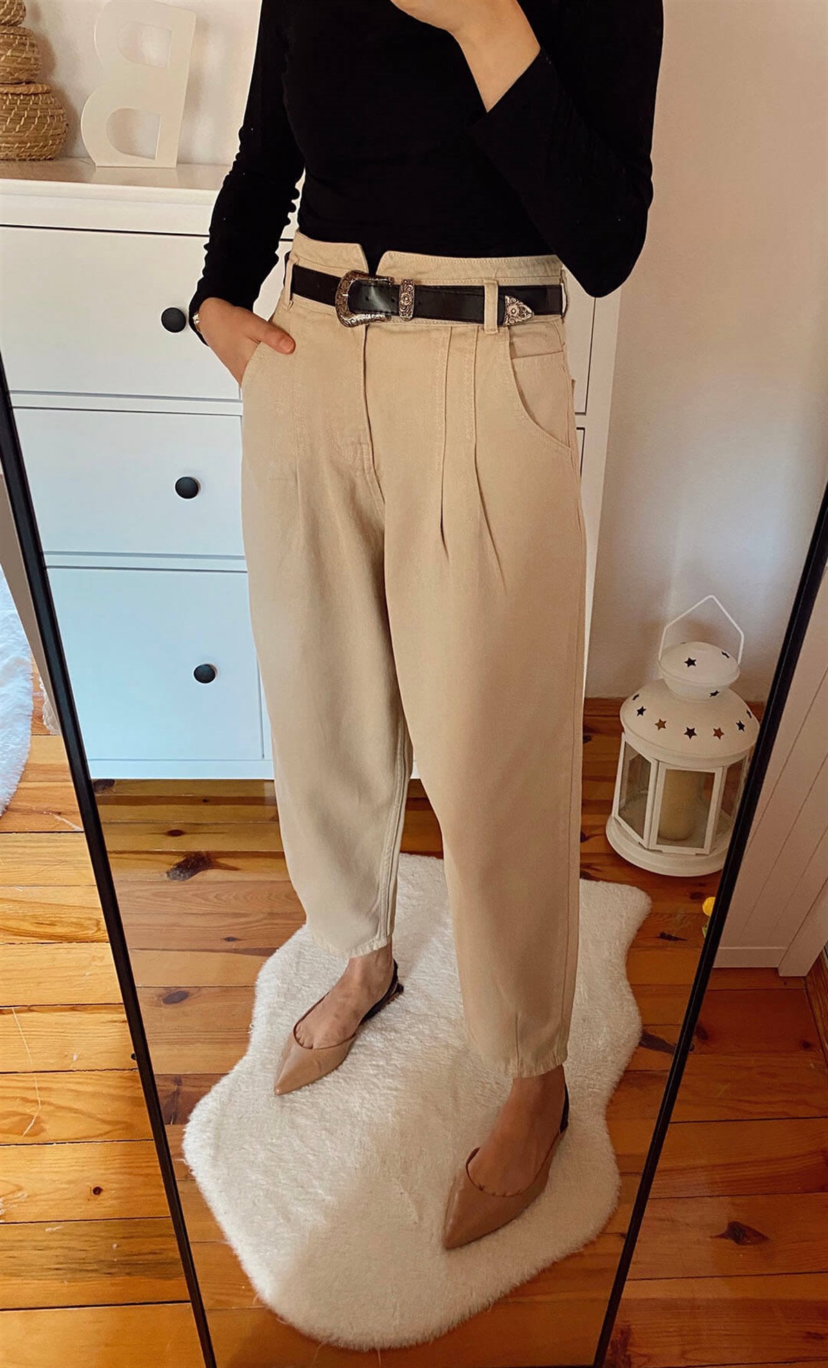 Krem Yüksek Bel Slouchy Jean