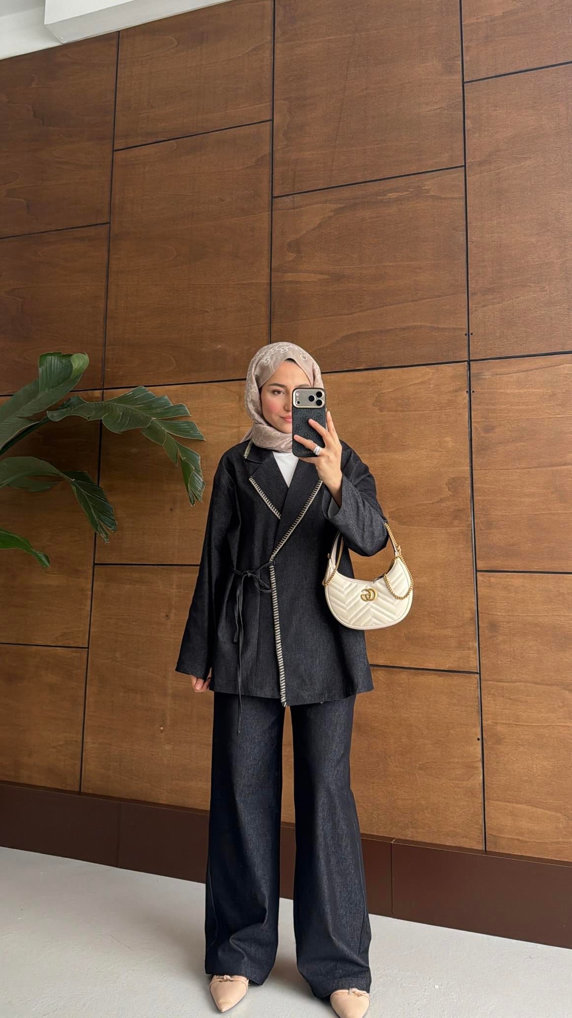 Kroşeta Dikişli Denim Takım Antrasit