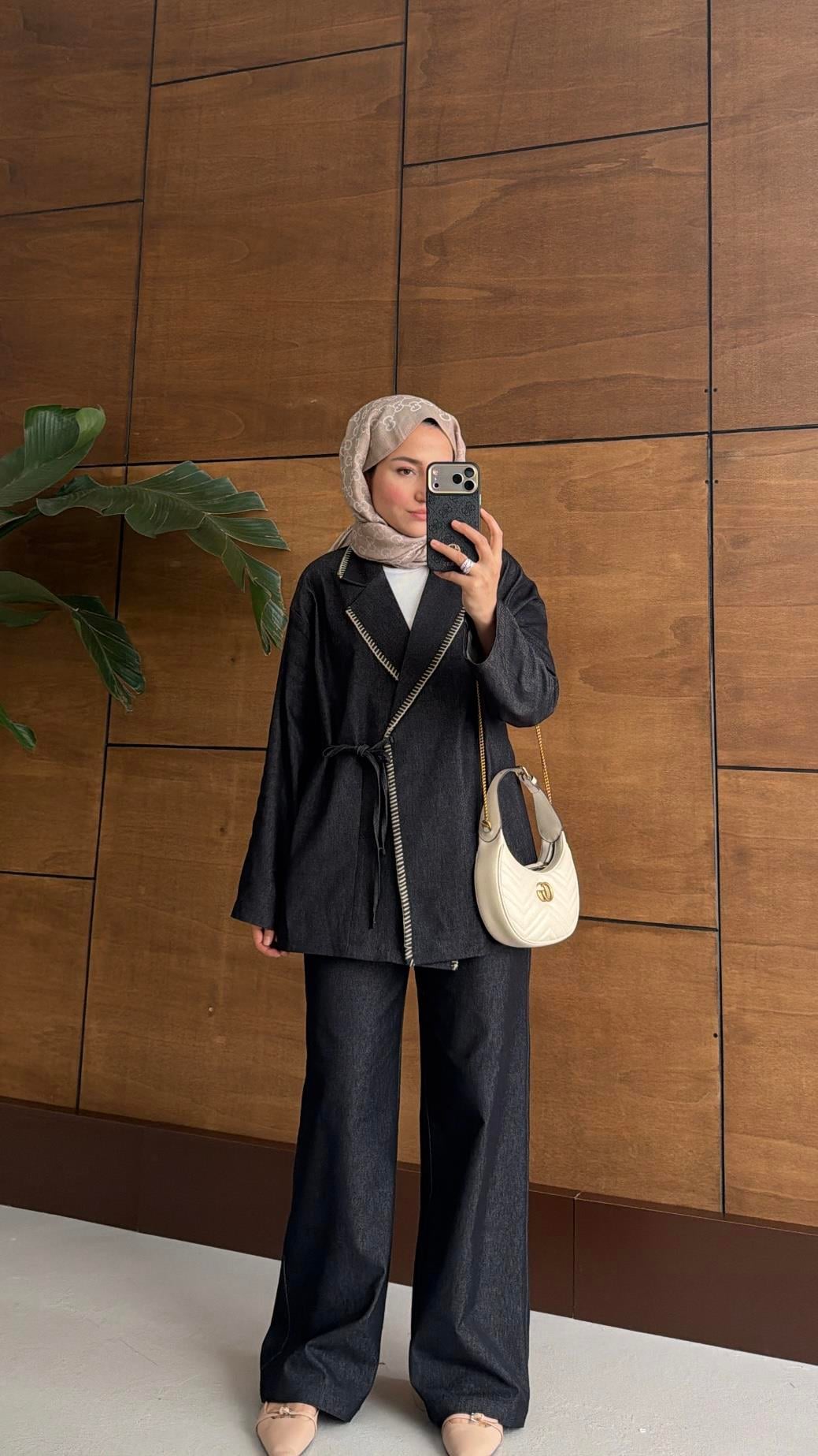 Kroşeta Dikişli Denim Takım Antrasit