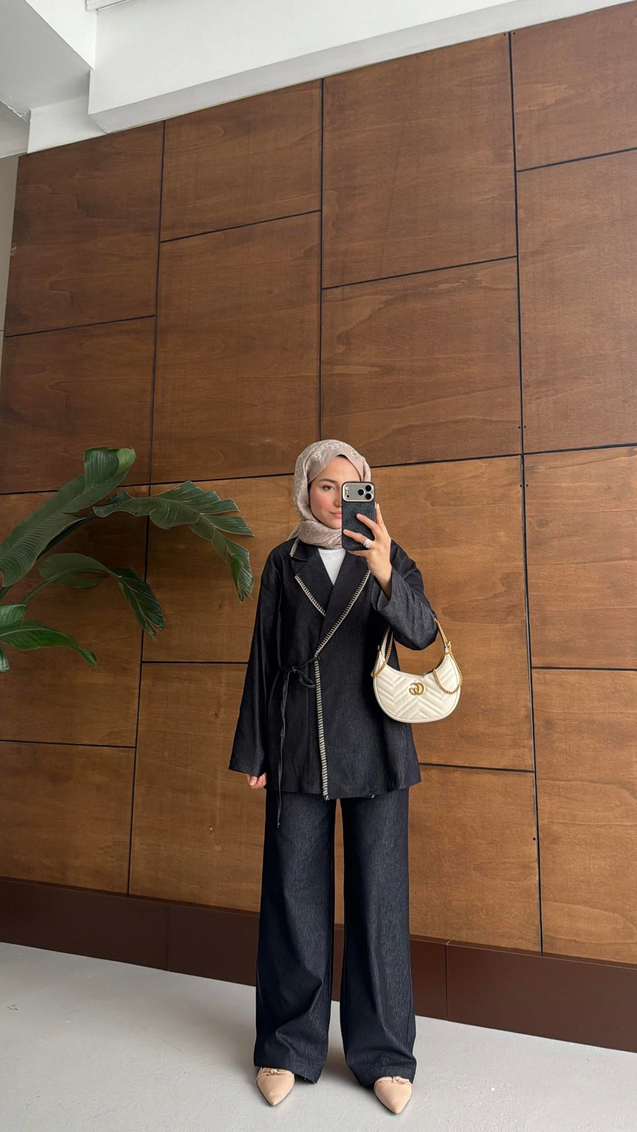 Kroşeta Dikişli Denim Takım Antrasit