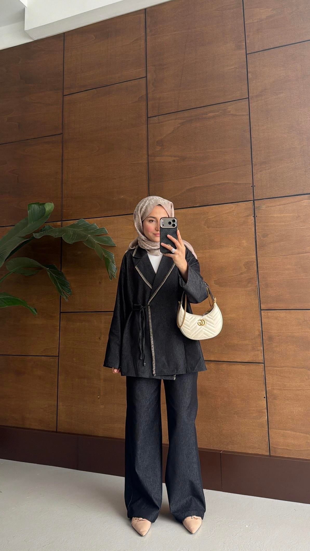 Kroşeta Dikişli Denim Takım Antrasit