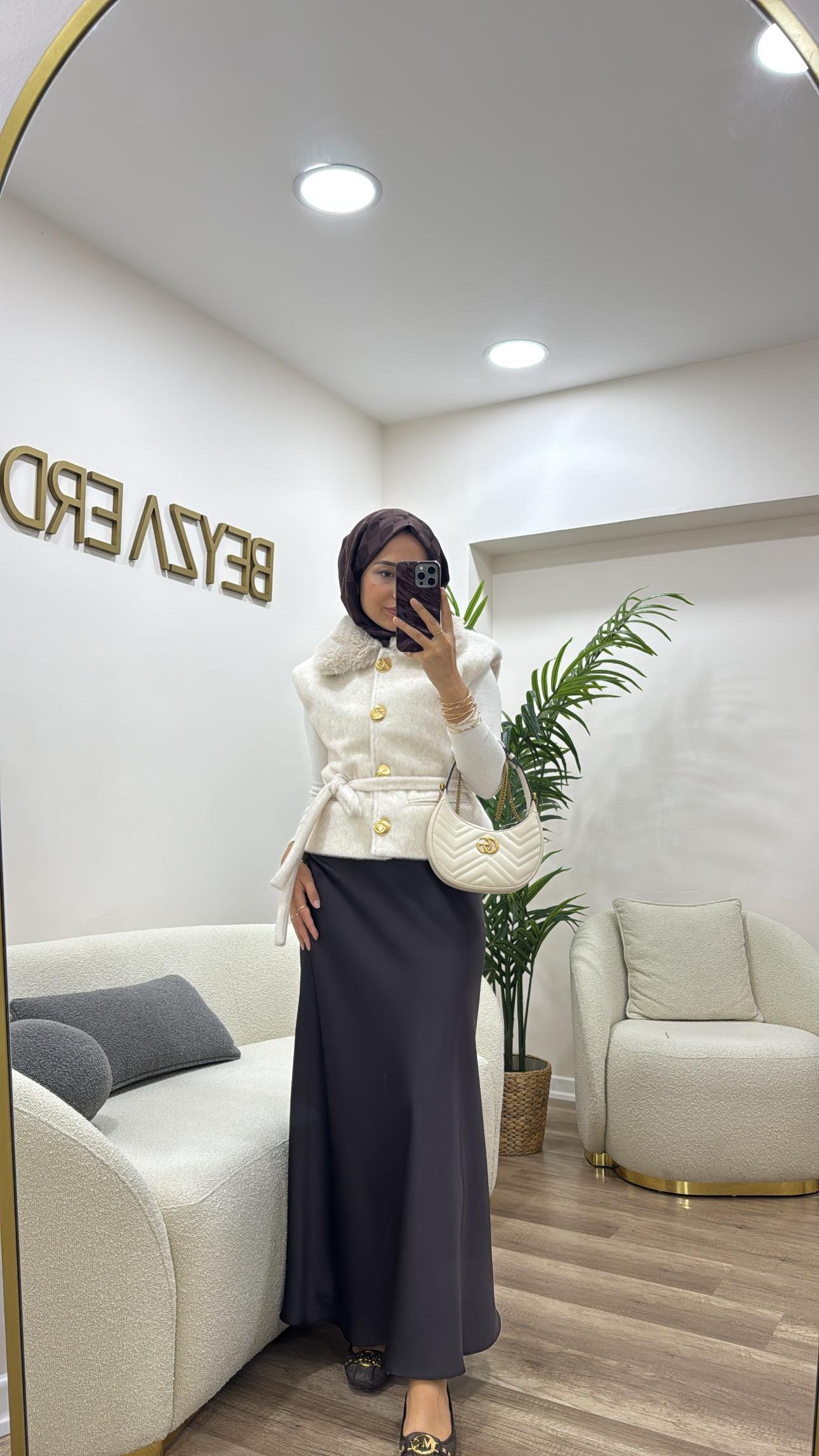 Kuşaklı Angora Yelek Ekru