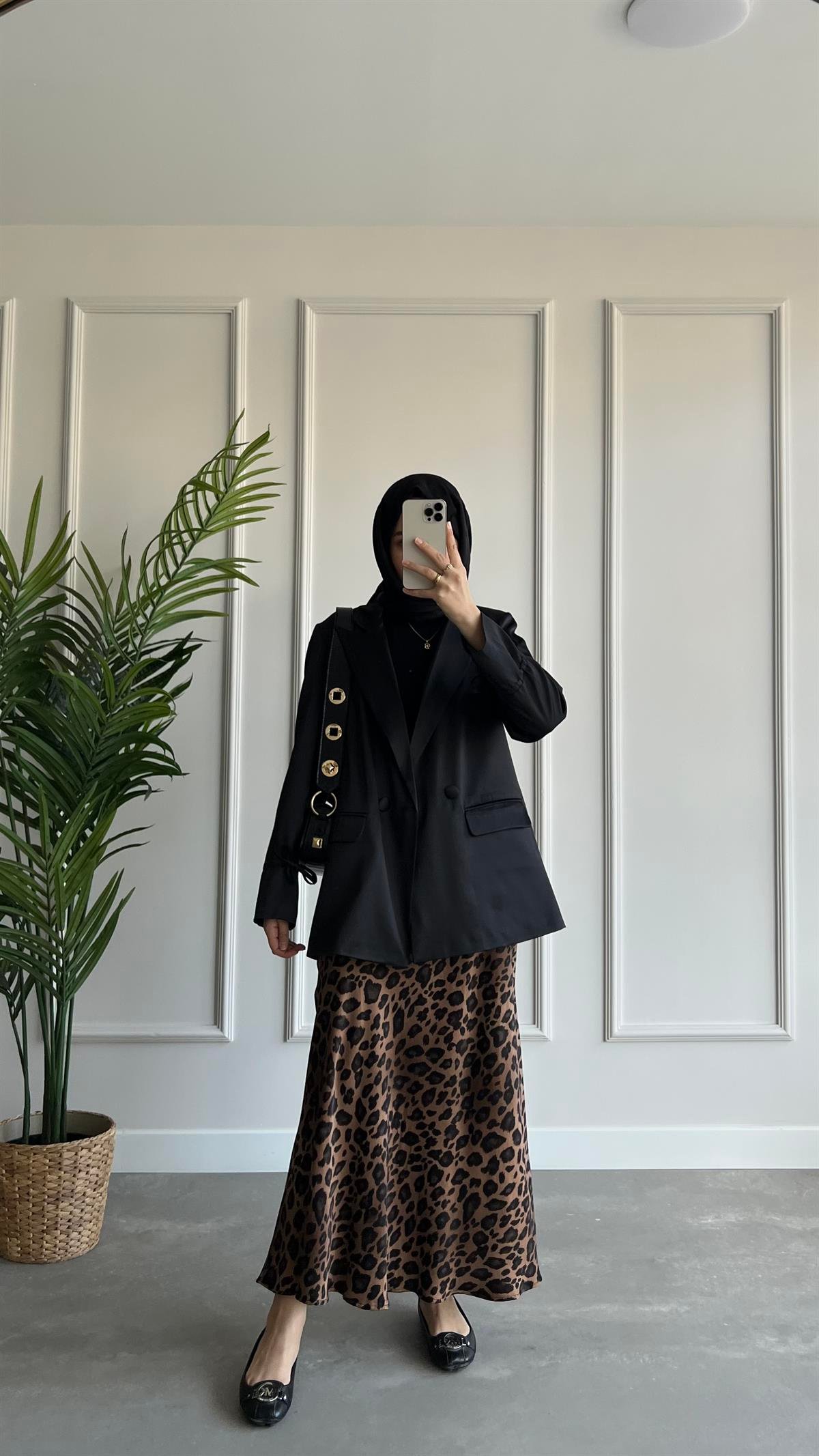 Leopar Desen Saten Etek