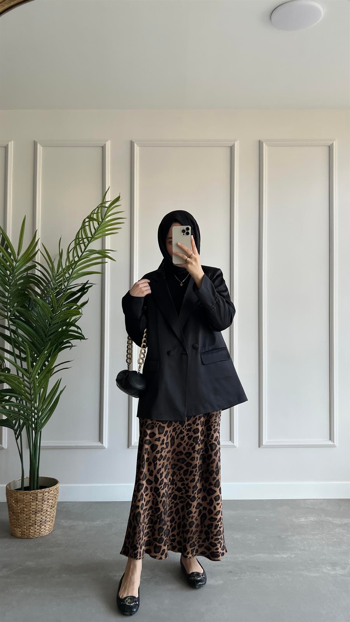 Leopar Desen Saten Etek