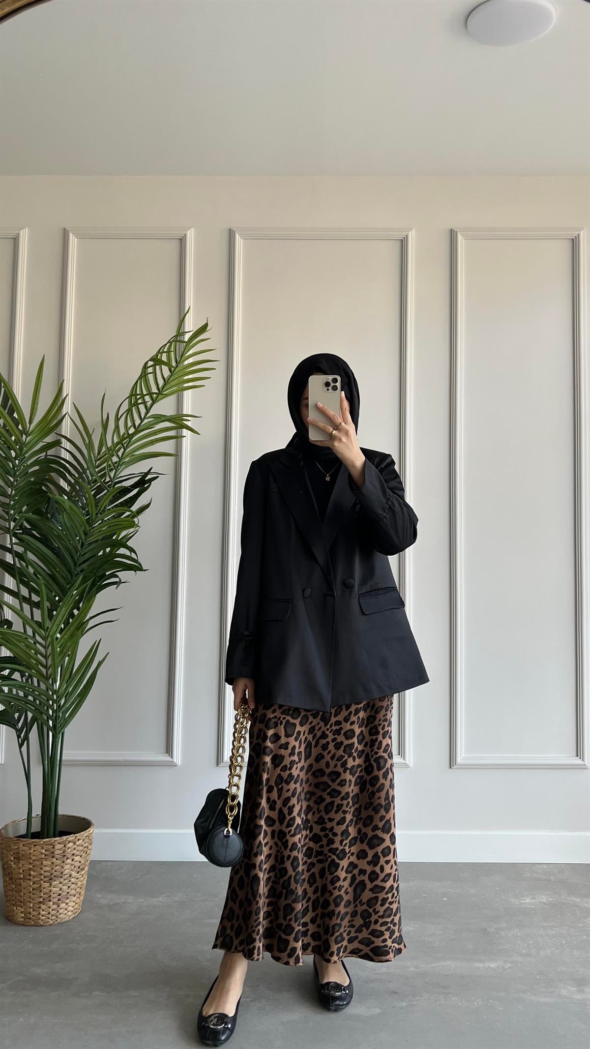 Leopar Desen Saten Etek