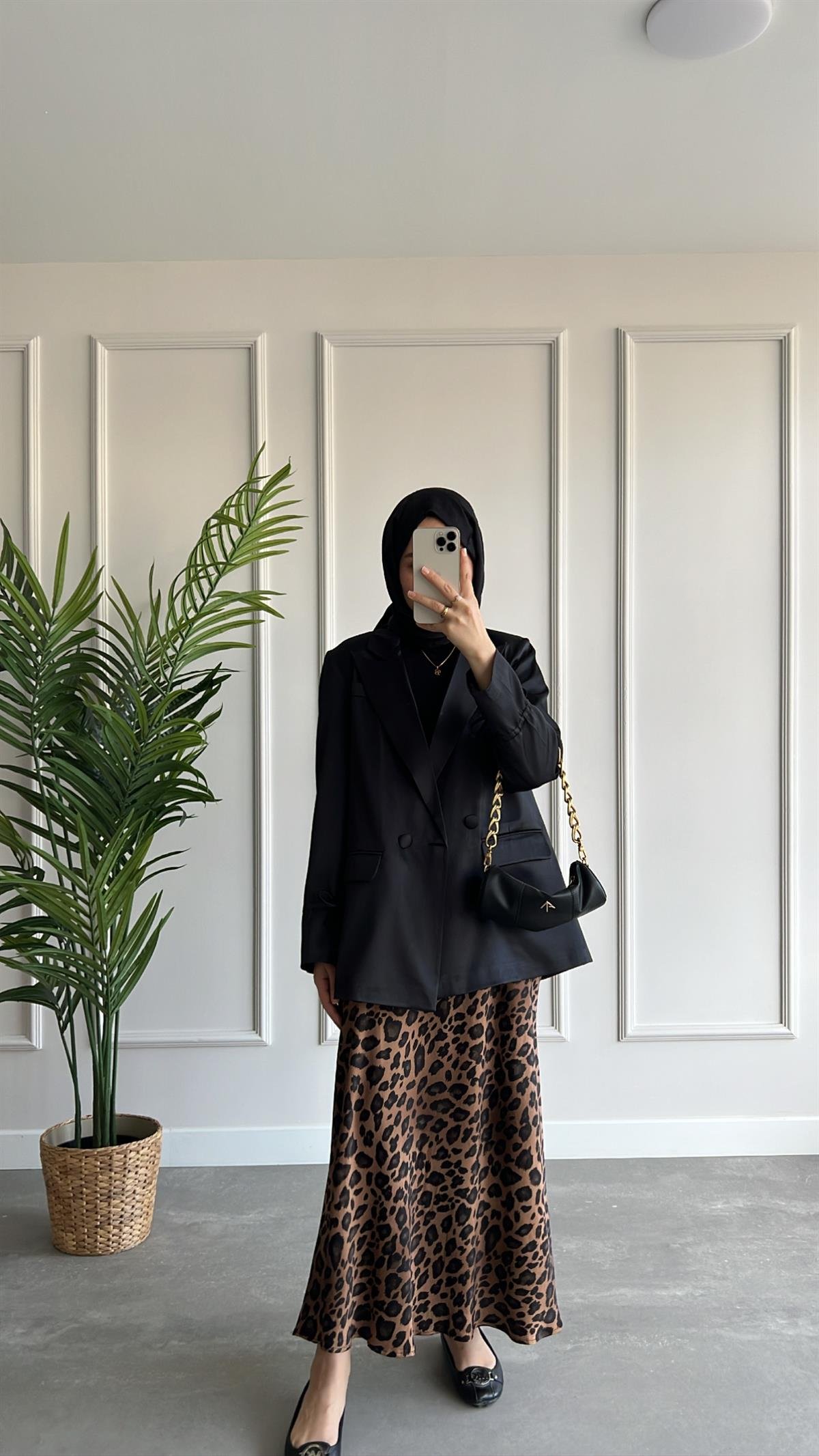 Leopar Desen Saten Etek