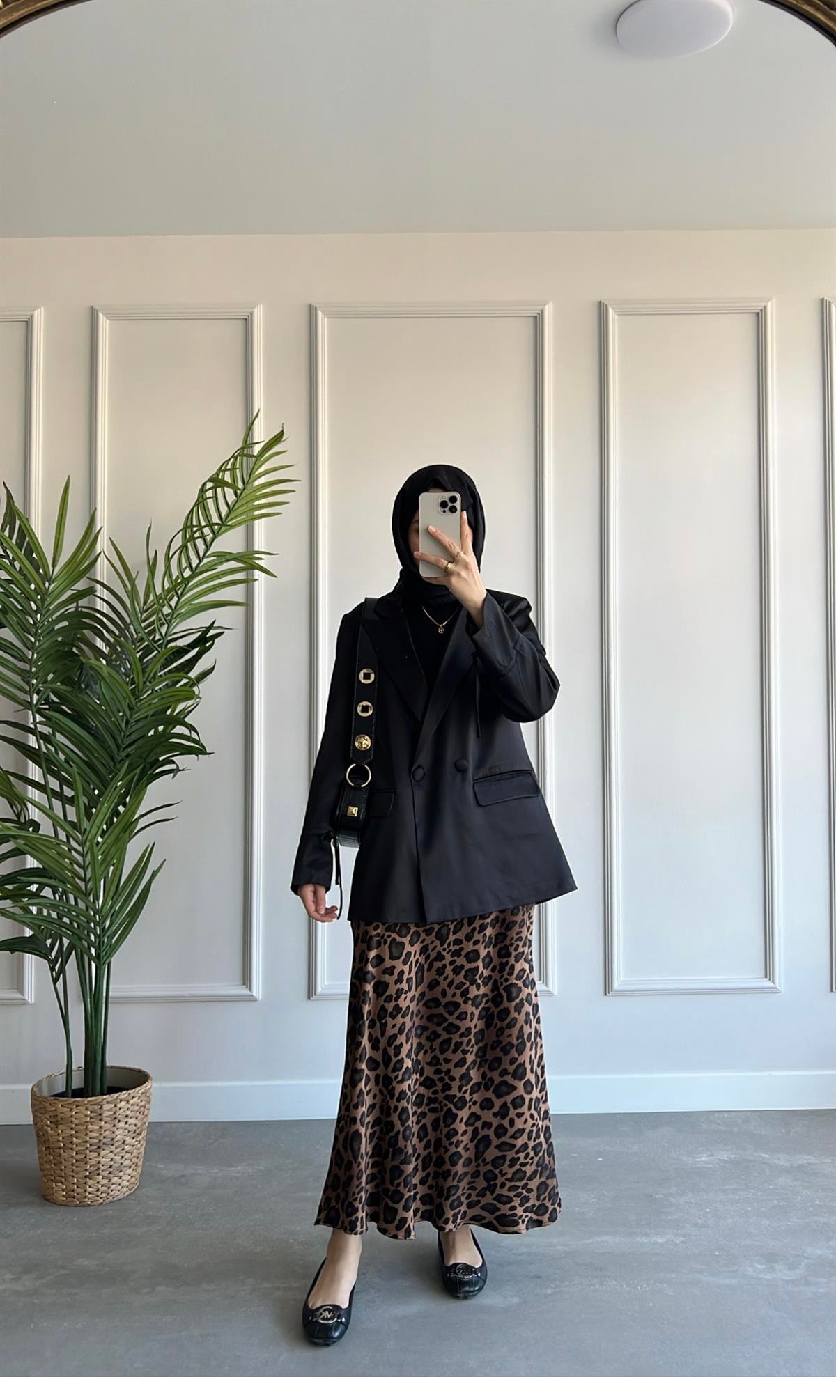 Leopar Desen Saten Etek