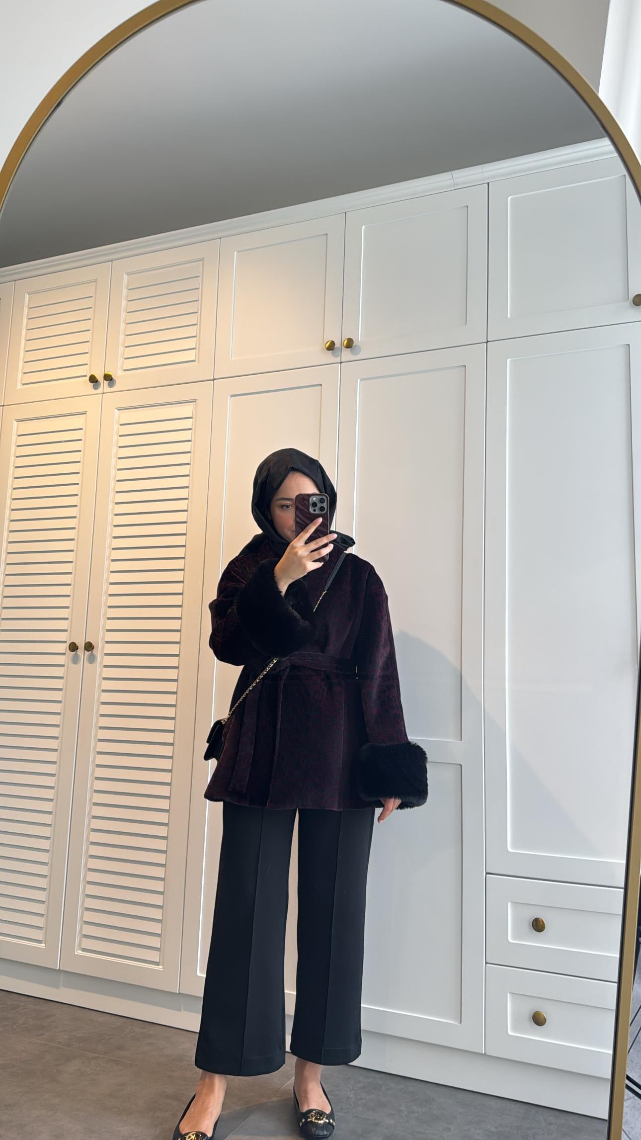 Leopar Desenli Kürklü Kaban Bordo