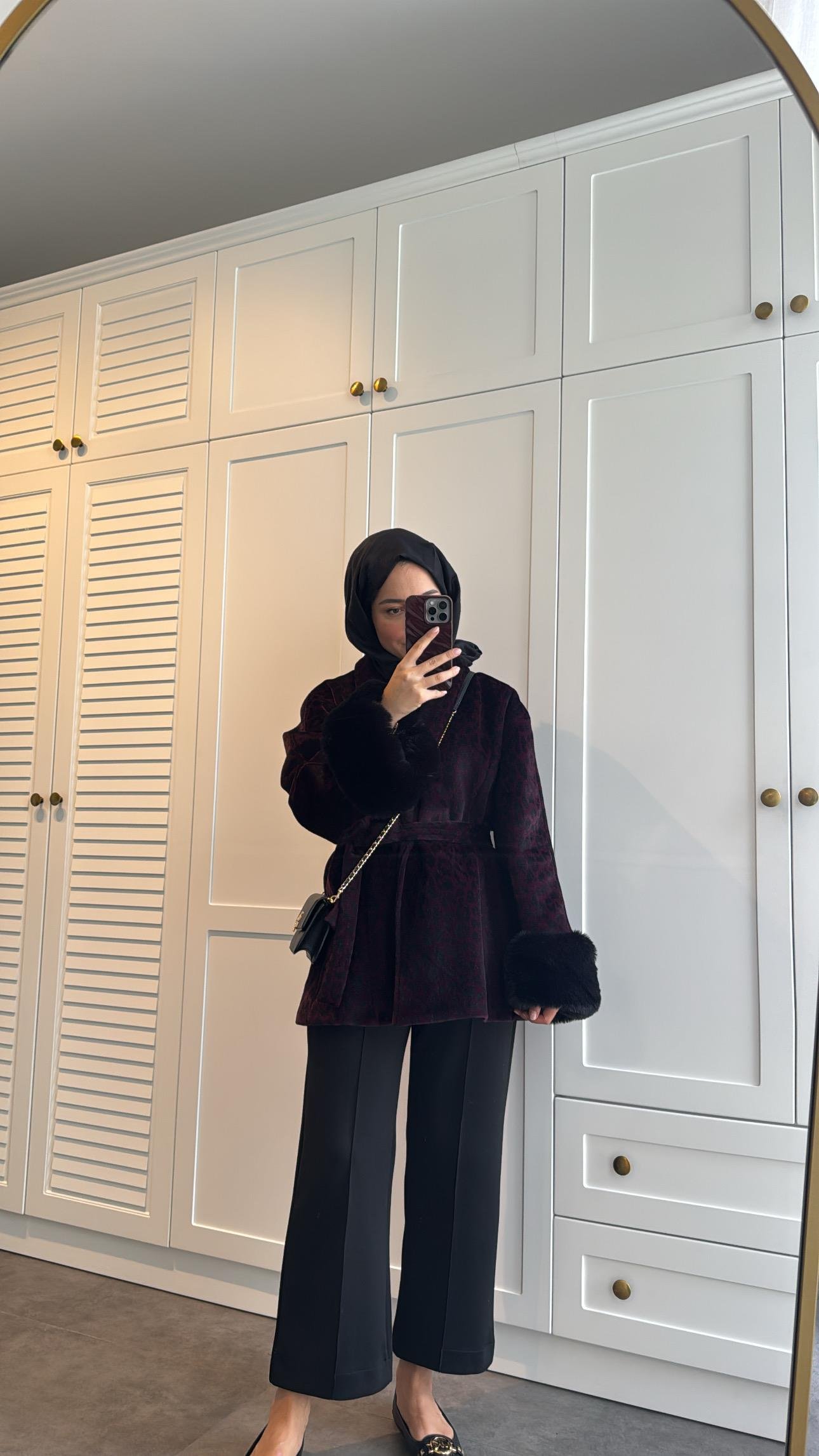 Leopar Desenli Kürklü Kaban Bordo