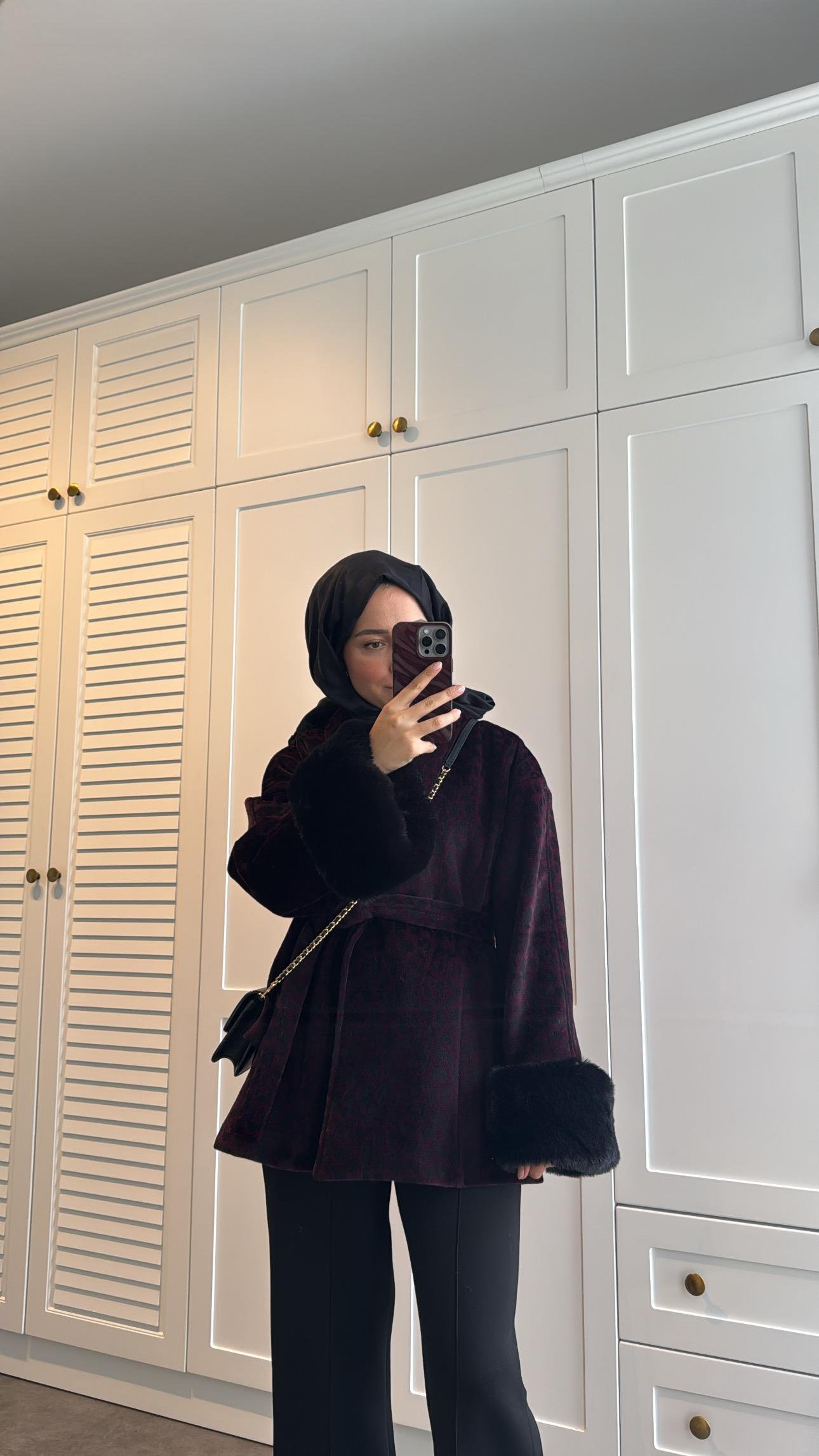 Leopar Desenli Kürklü Kaban Bordo