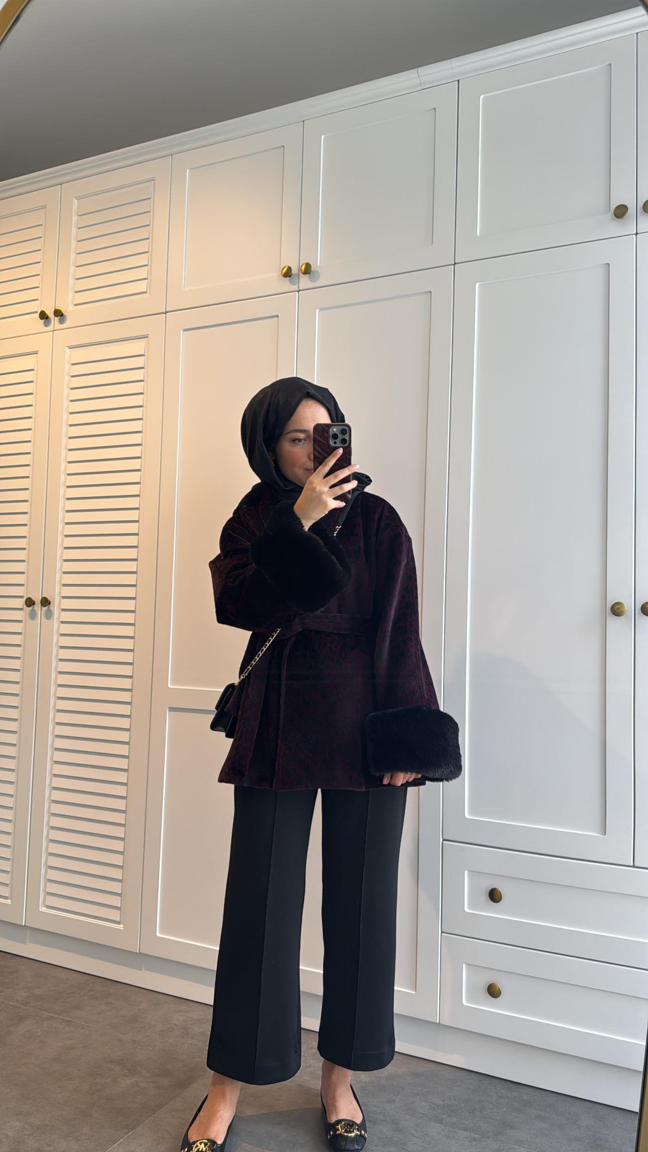 Leopar Desenli Kürklü Kaban Bordo