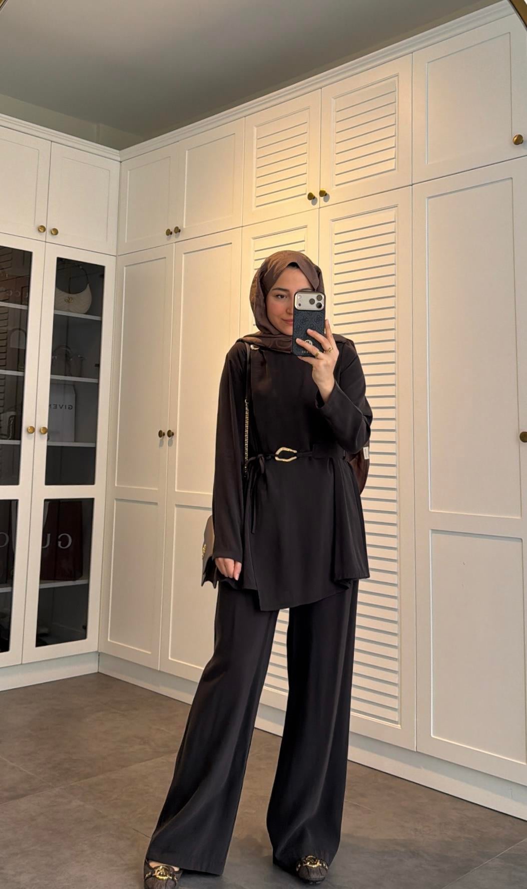 Lina Broş Kemer Detaylı Modal Takım Kahve
