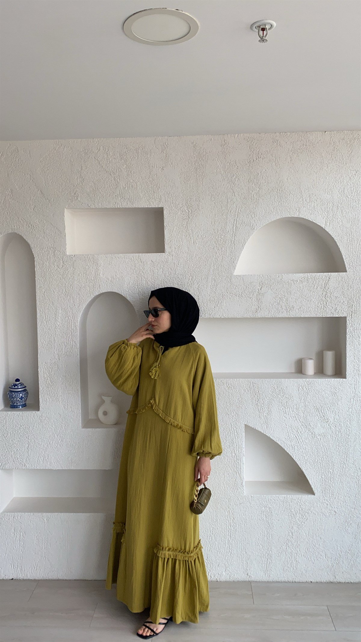 Müslin Kumaş Elbise Olive