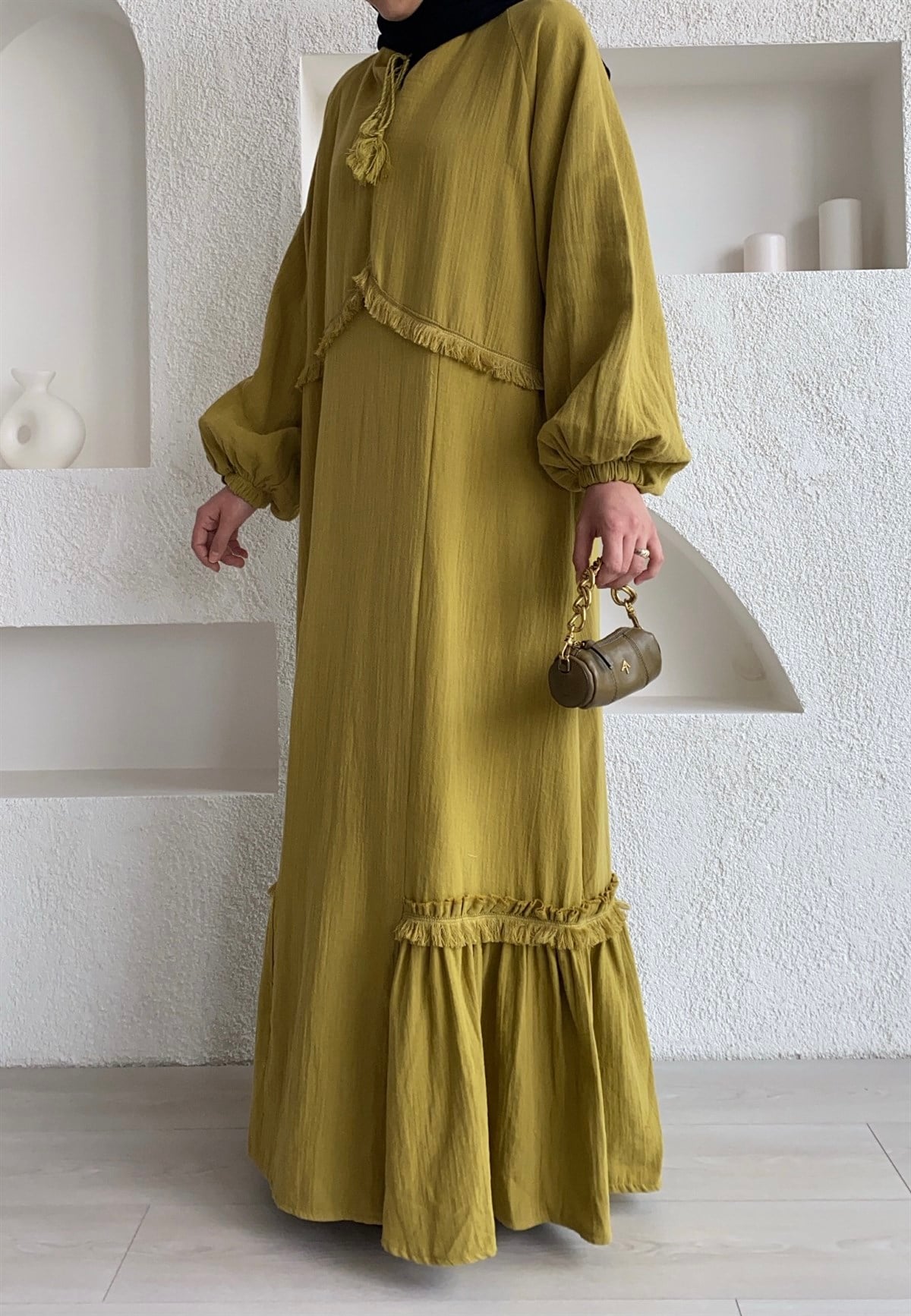 Müslin Kumaş Elbise Olive