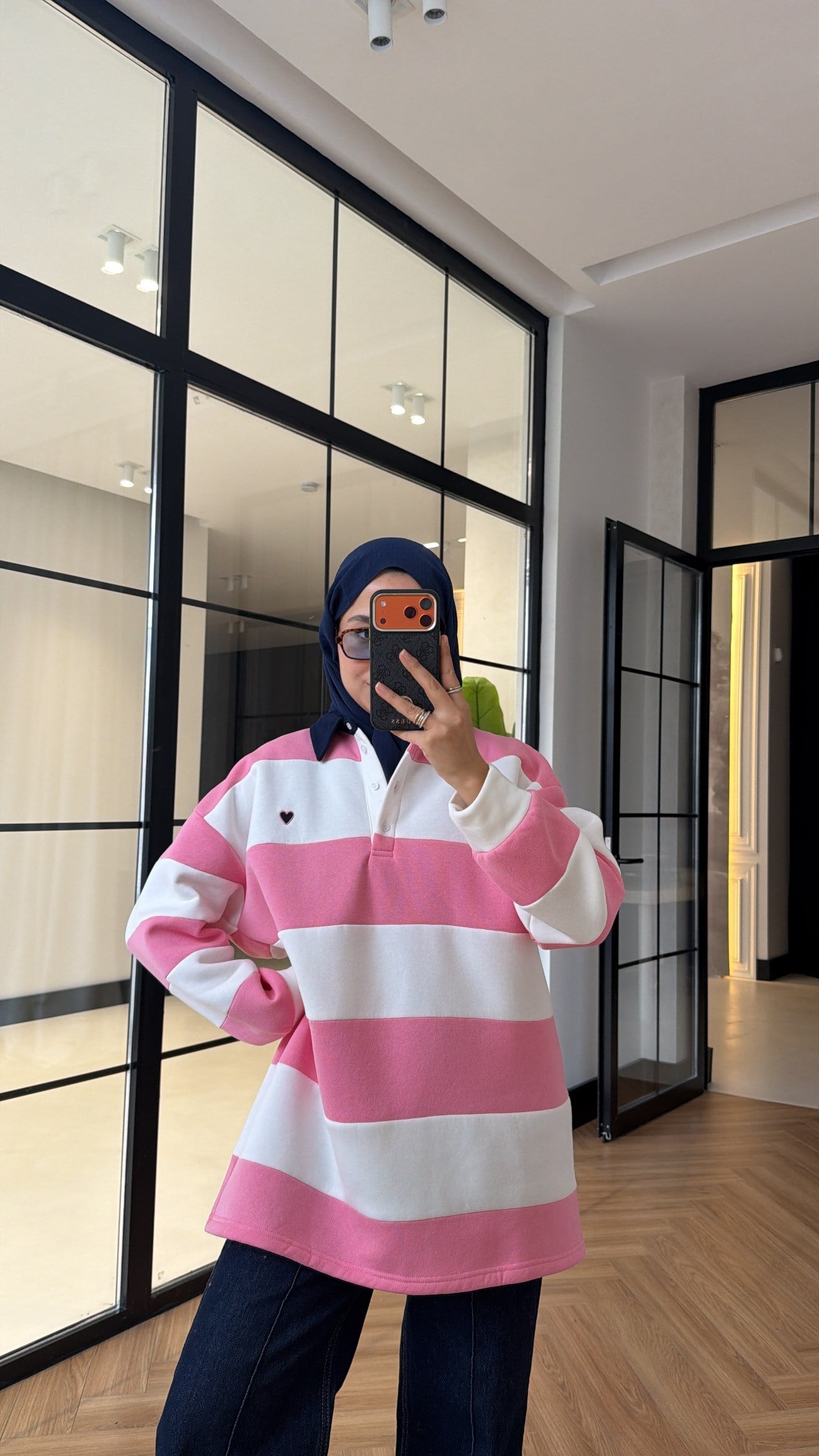 Nakış Detay Çizgili Swearshırt Pembe