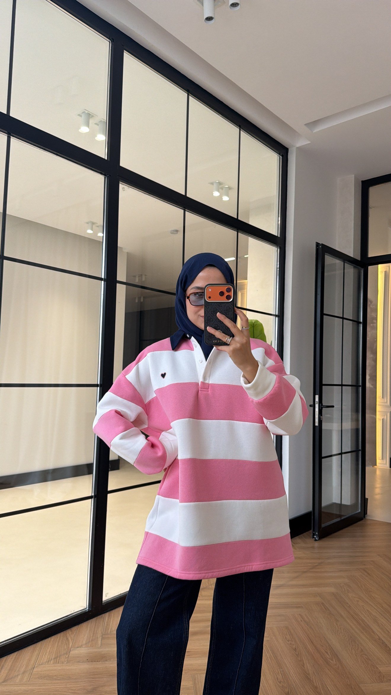 Nakış Detay Çizgili Swearshırt Pembe