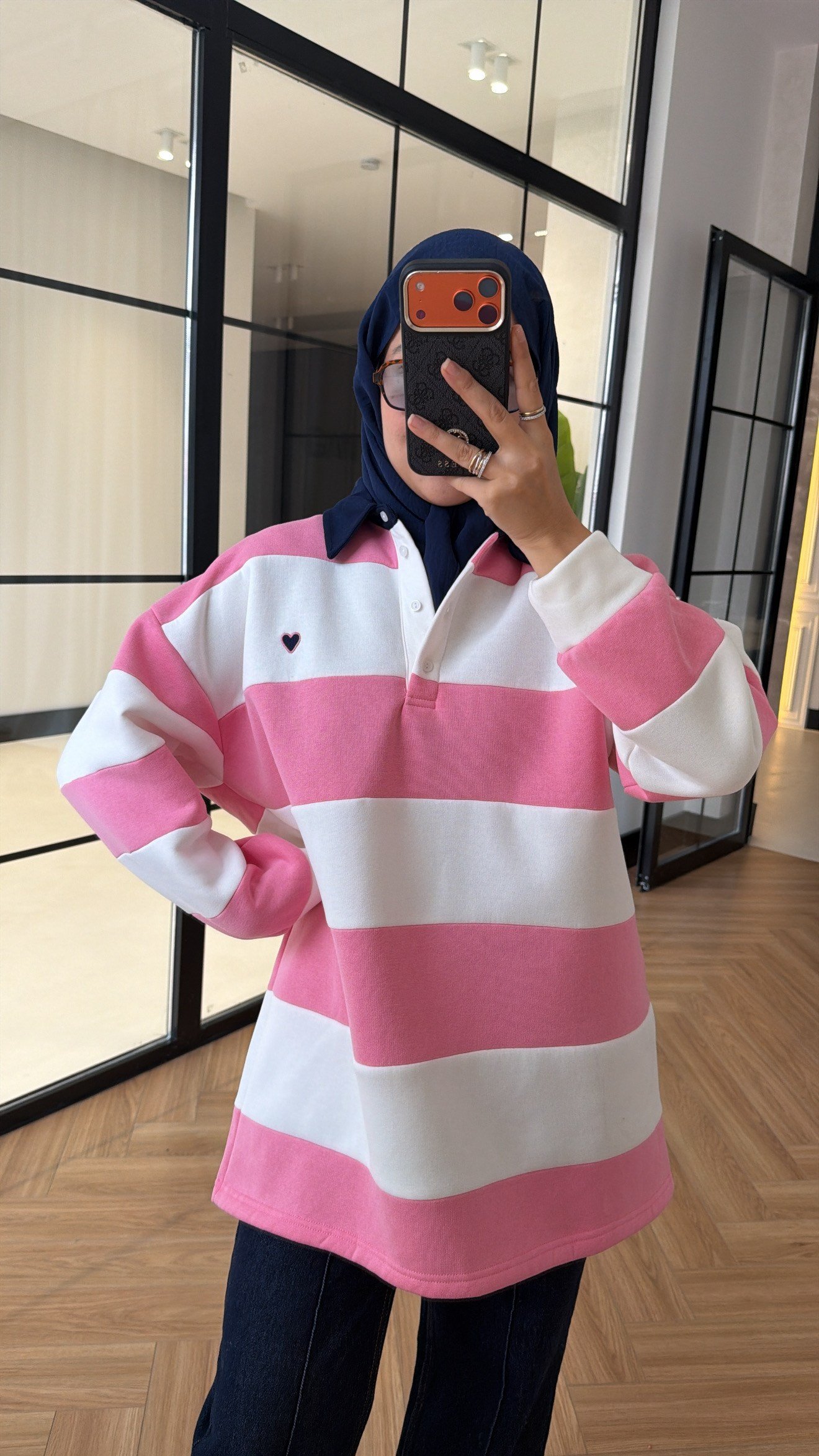 Nakış Detay Çizgili Swearshırt Pembe