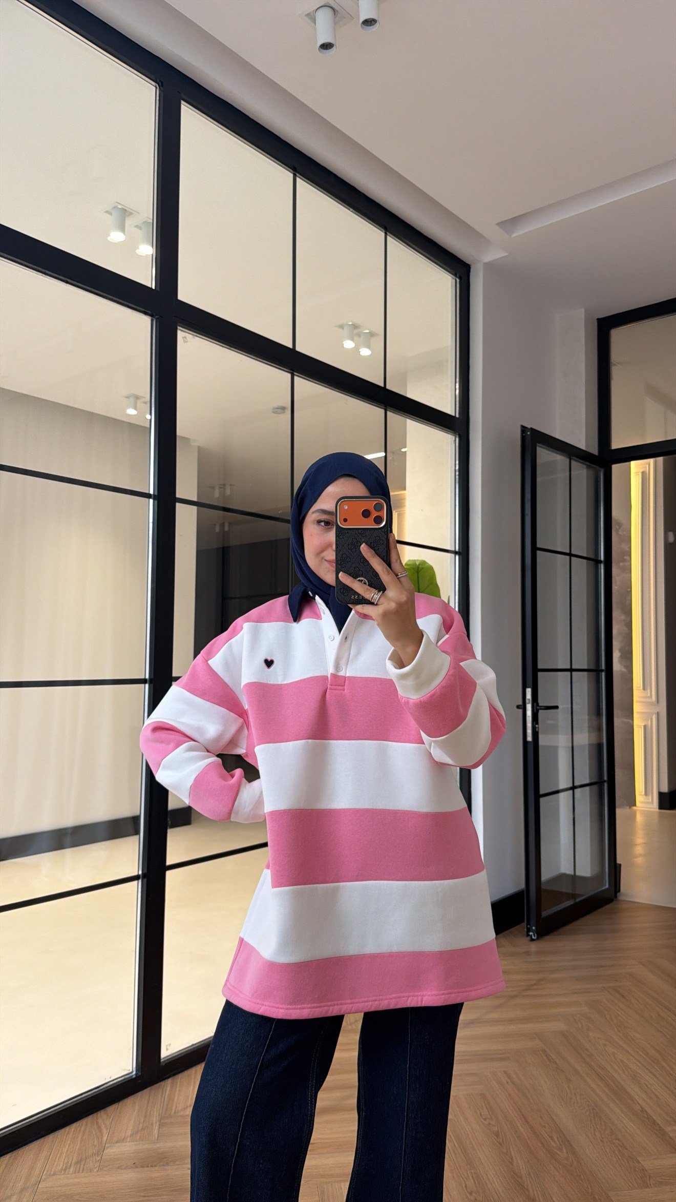 Nakış Detay Çizgili Swearshırt Pembe