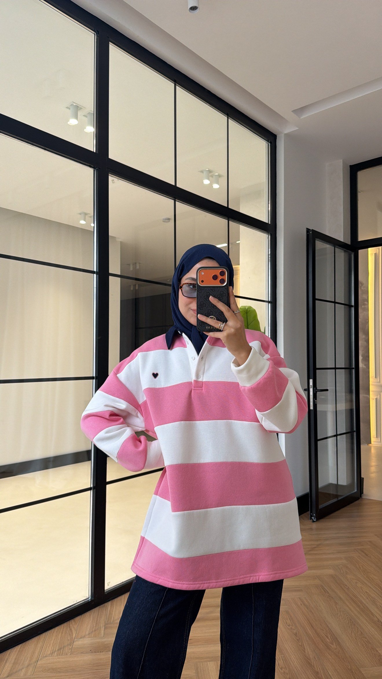 Nakış Detay Çizgili Swearshırt Pembe