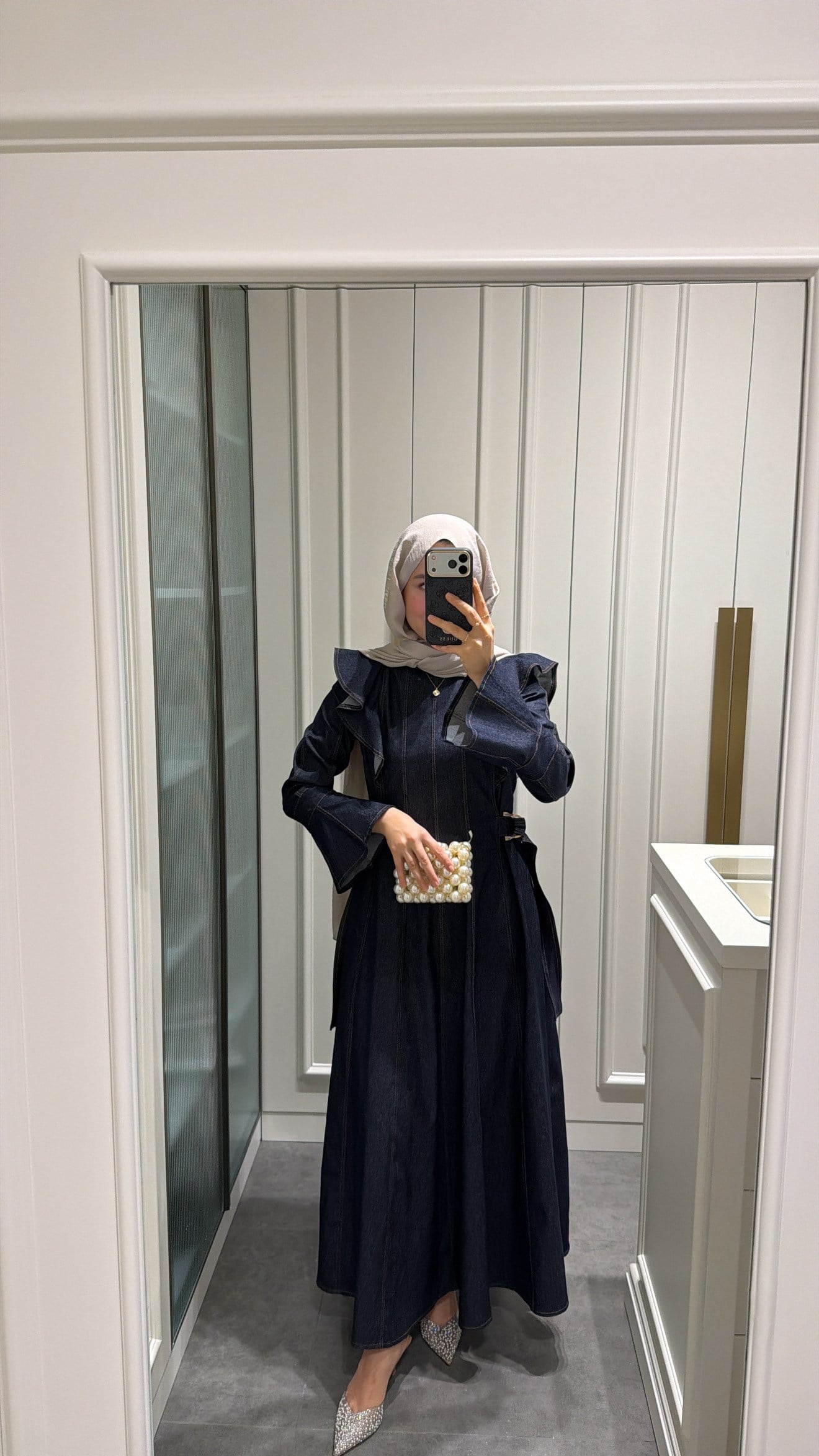 Omuz Detay Tasarım Denim Elbise Lacivert