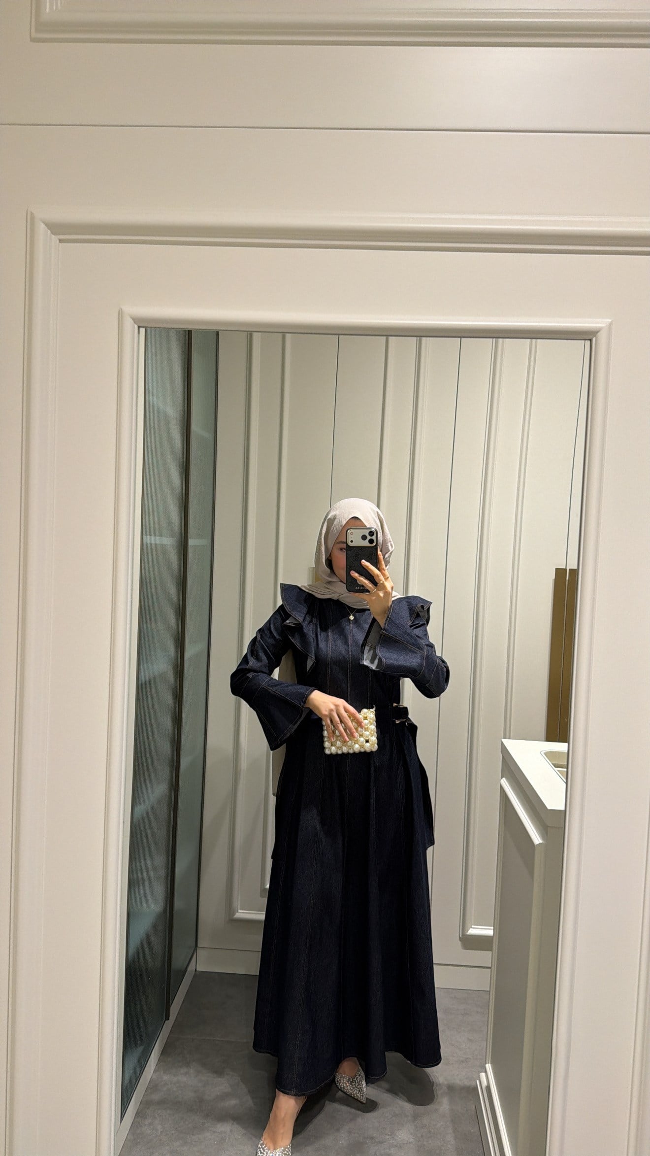 Omuz Detay Tasarım Denim Elbise Lacivert