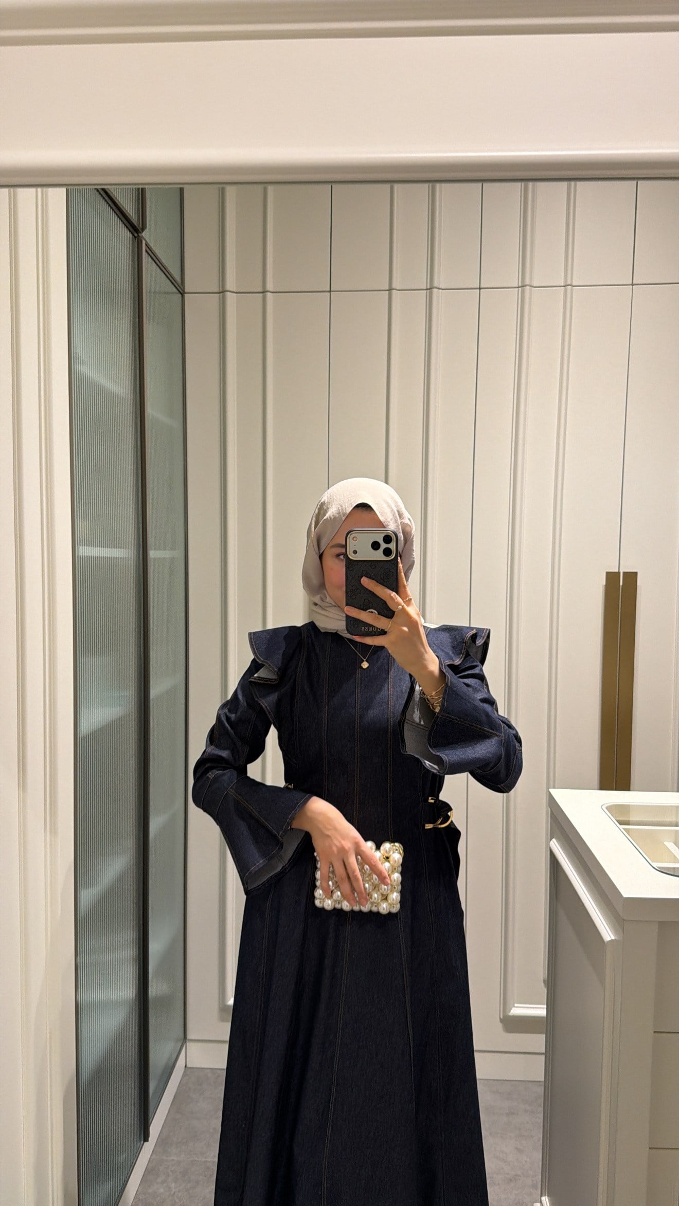 Omuz Detay Tasarım Denim Elbise Lacivert