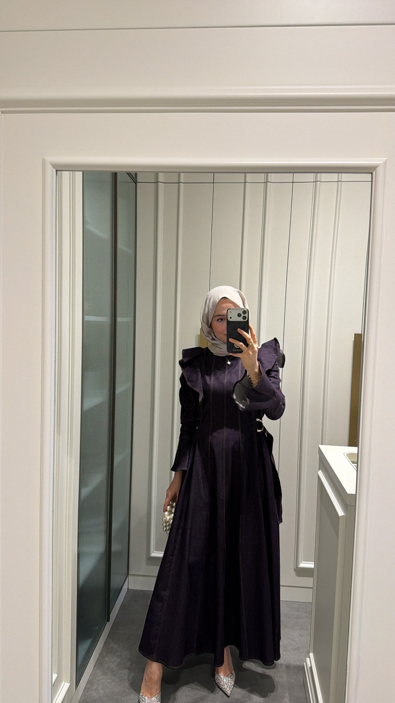 Omuz Detay Tasarım Denim Elbise Mürdüm