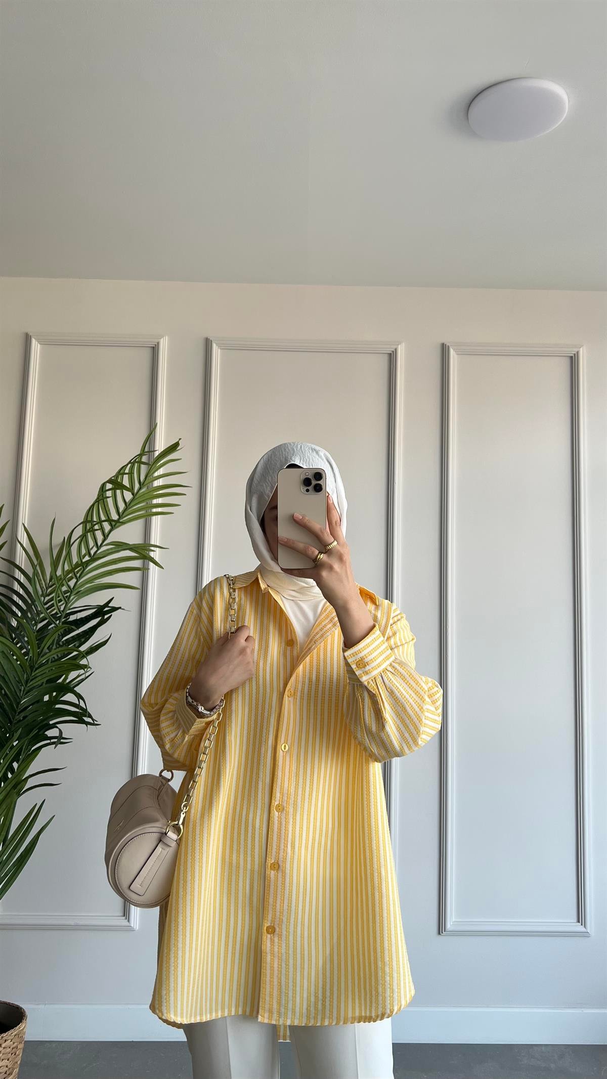 Oversize Çizgili Gofre Gömlek 