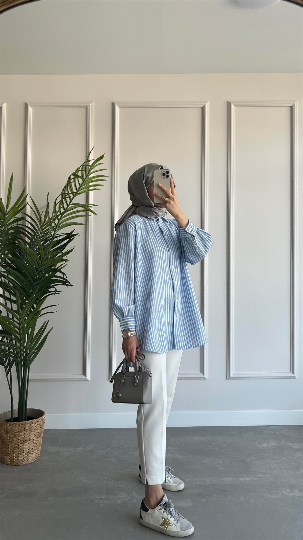 Oversize Çizgili Gofre Gömlek 