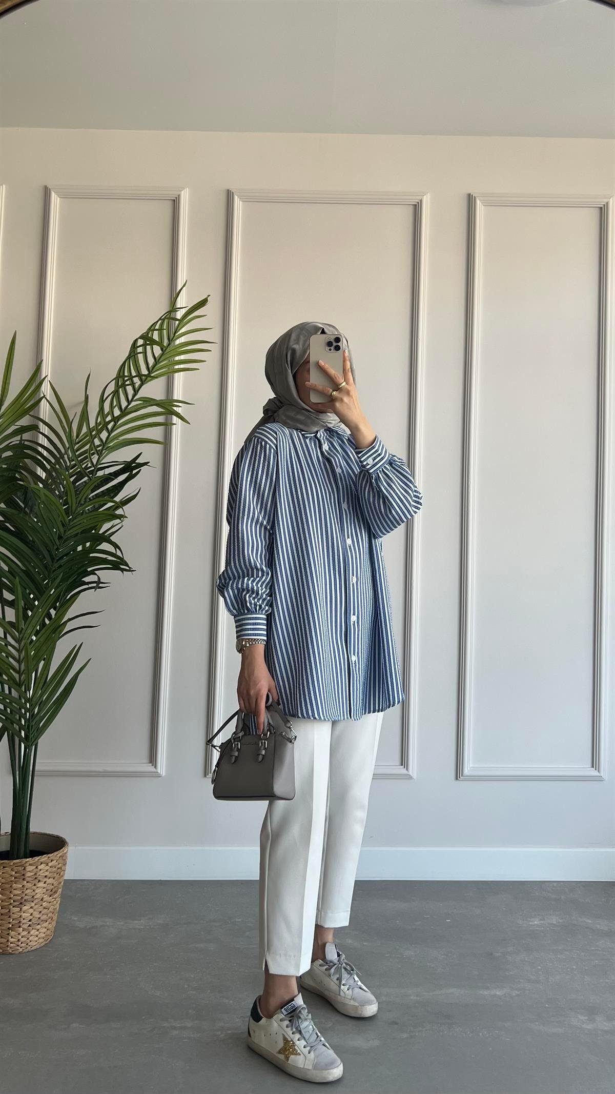Oversize Çizgili Gofre Gömlek 